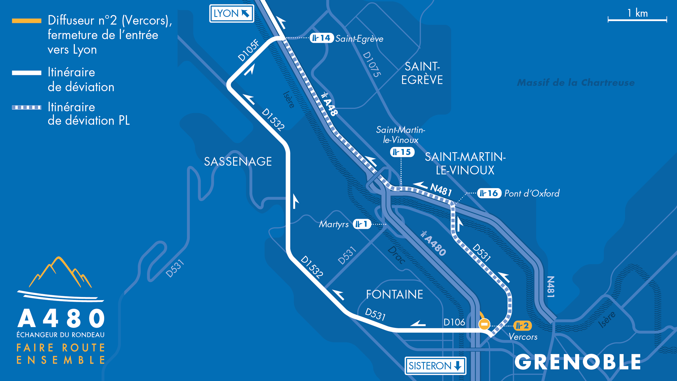Carte des déviations suite à la fermeture de la bretelle d'entrée du diffuseur de Vercors en direction de Lyon