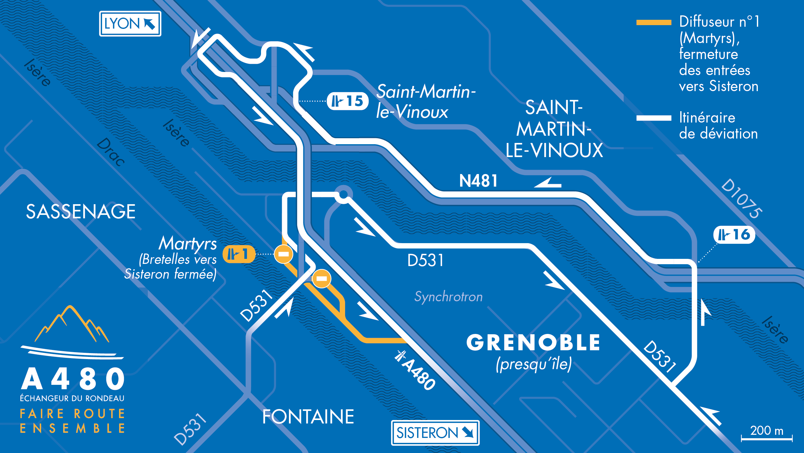 Carte des déviations suite à la fermeture de la bretelle d'entrée du diffuseur de Martyrs en direction de Sisteron