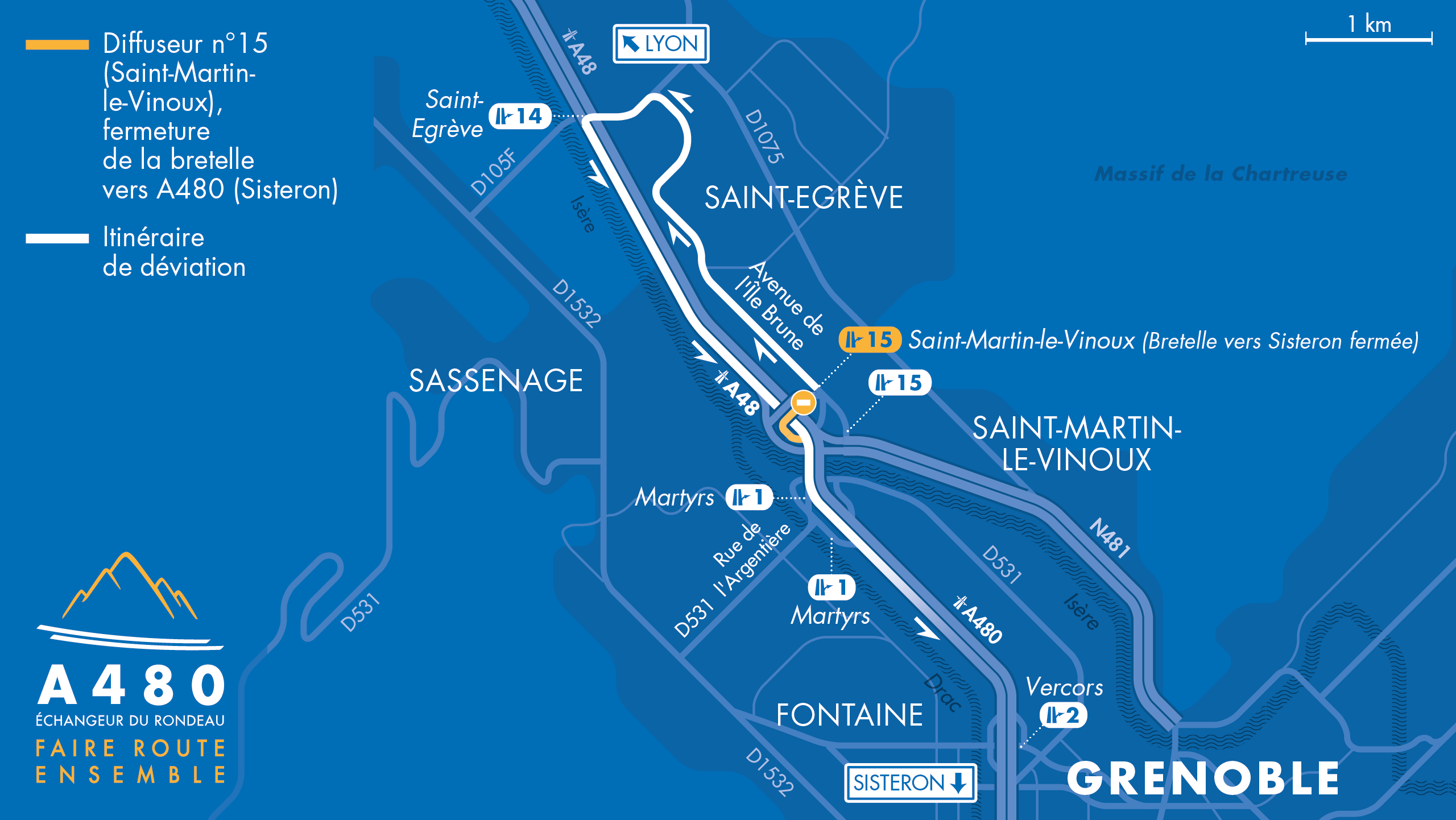 Carte des travaux sur l’A480 en direction de Grenoble et Sisteron au niveau du diffuseur Saint-Martin-le-Vinoux (n°15)