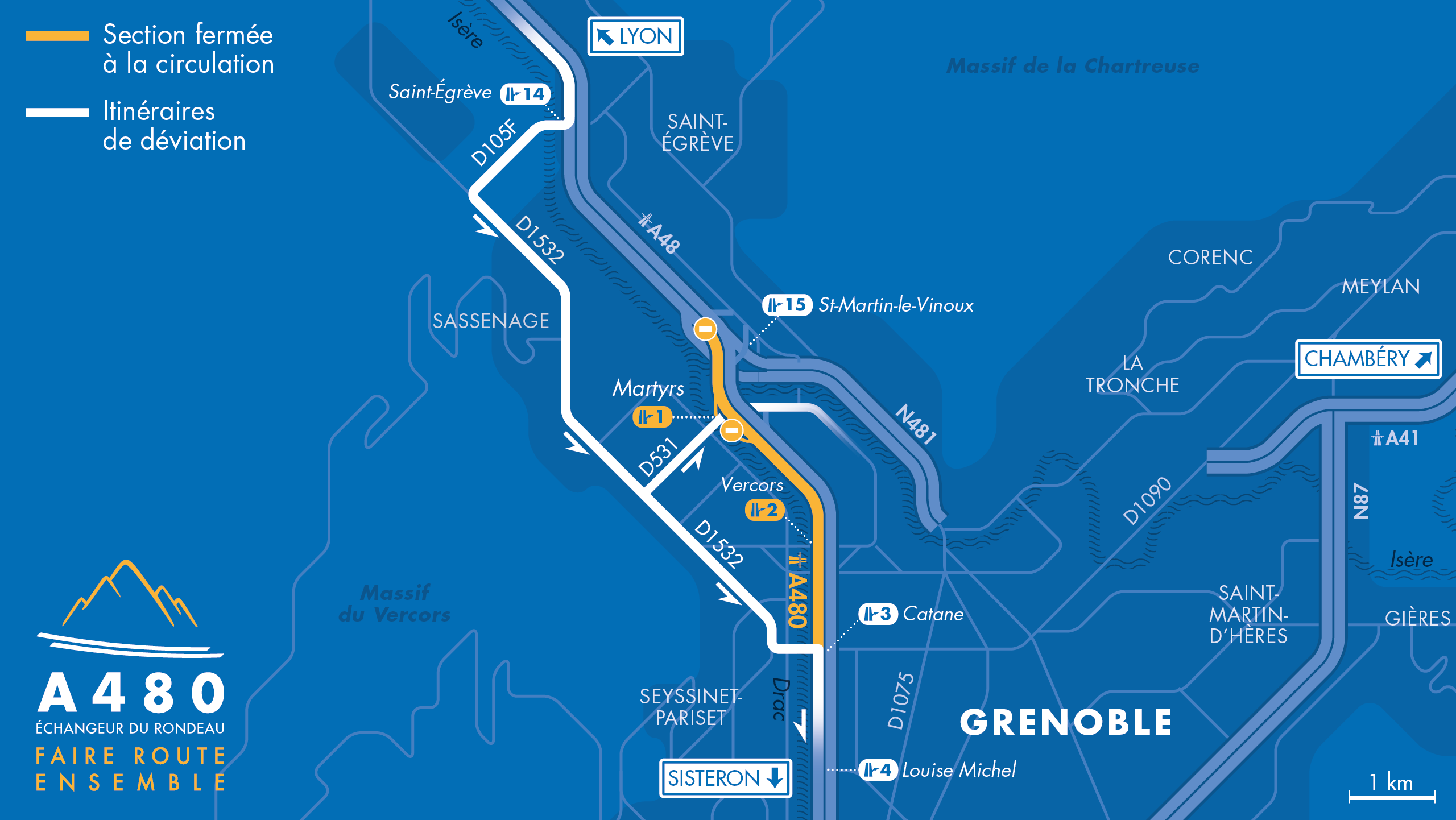 Carte des déviations entre la bifurcation A48/A480/N481 et le diffuseur de Catane
