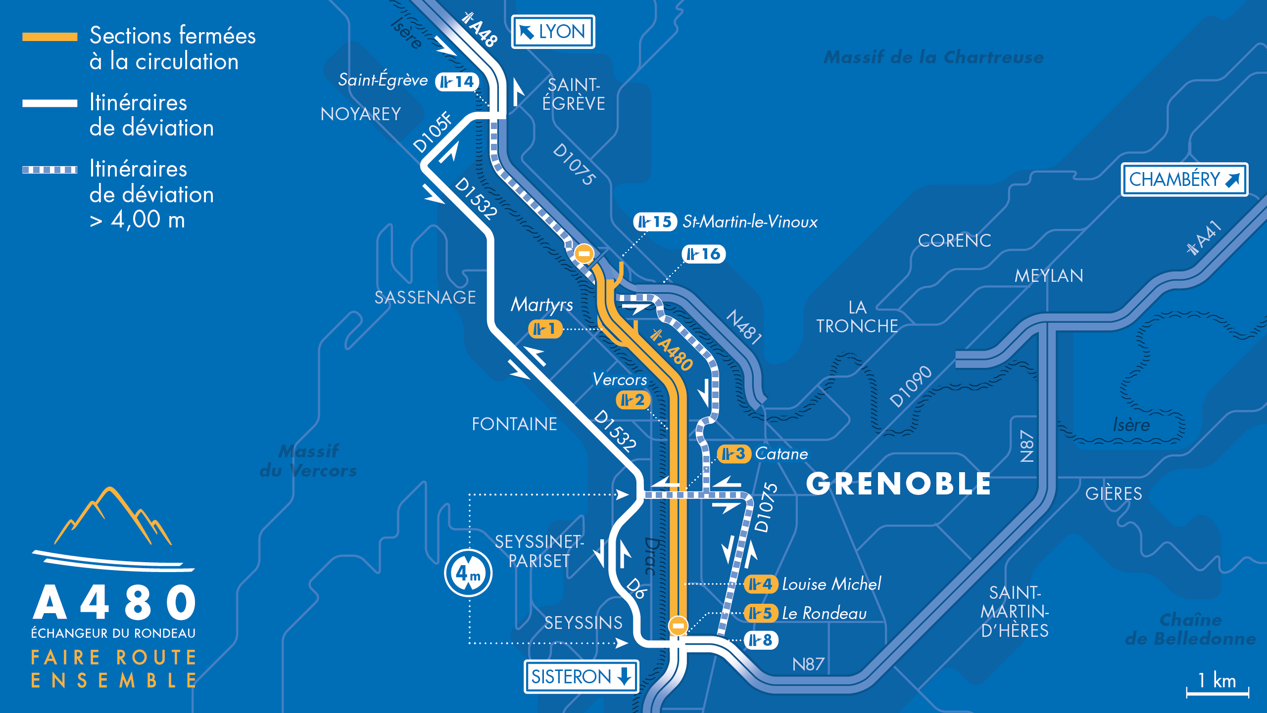 Carte des fermetures de l'autoroute A480 et A48 entre le diffuseur du Rondeau et la bifurcation A48/A480/N481 durant le mois de septembre