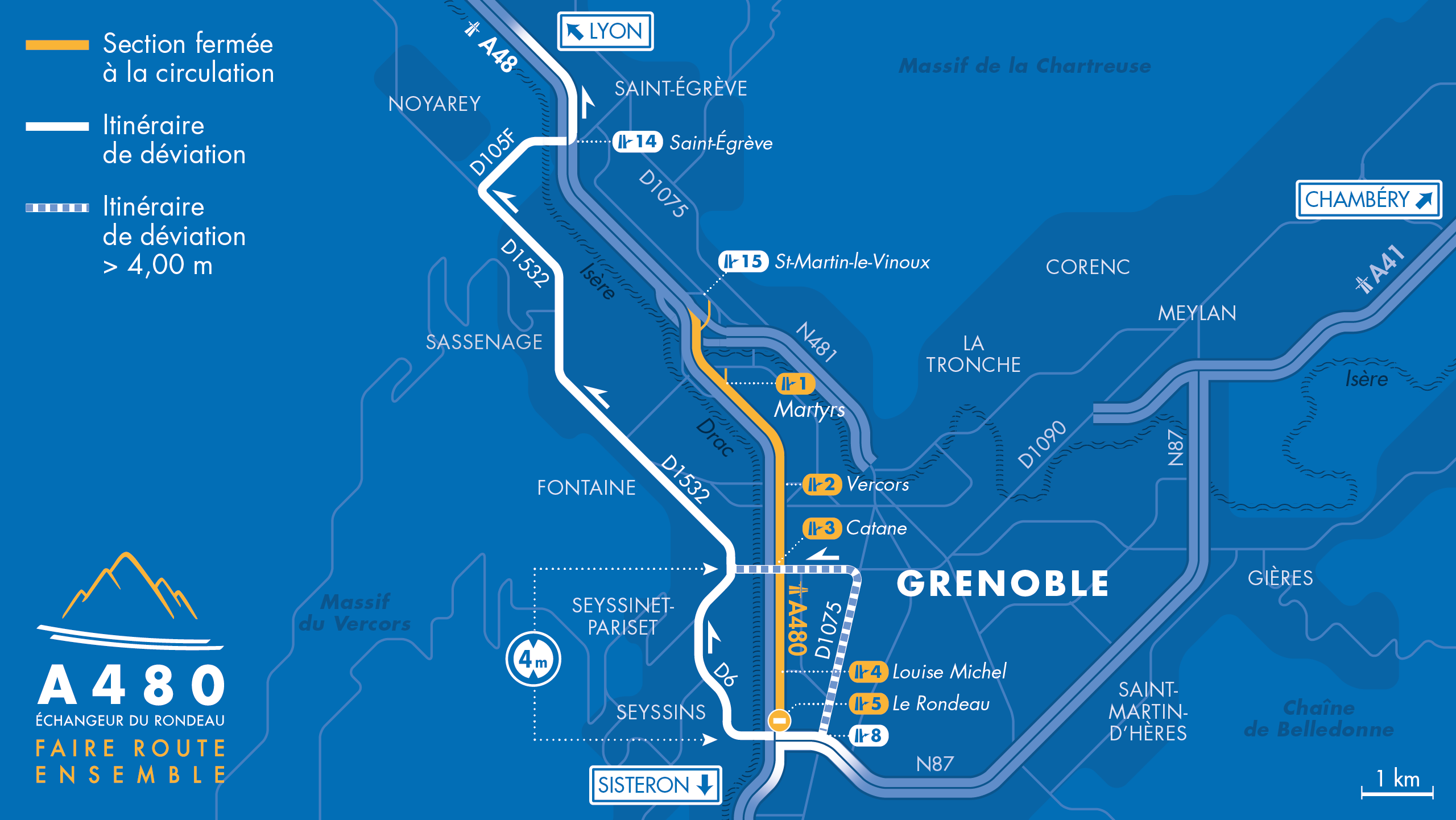 Carte de la fermeture de l'autoroute A480 et A48 entre le diffuseur du Rondeau et la bifurcation A48/A480/N481 durant le mois de septembre