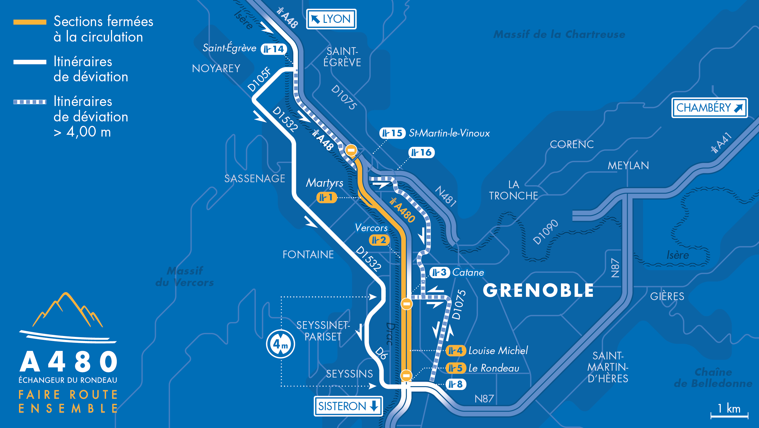 Carte des fermetures de l'autoroute A480 et A48 pour les secteur Catane, Rondeau ainsi que la bifurcation A48/A480/N481 durant le mois de septembre