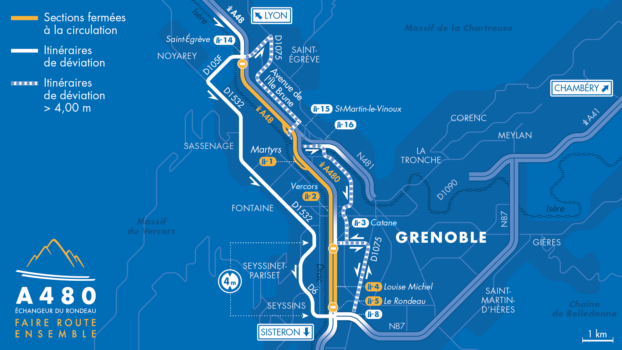 Carte des fermetures sur l'A480 et l'A48 entre le secteur de Catane, du Rondeau et de Saint-Égrève durant le mois de septembre 2020