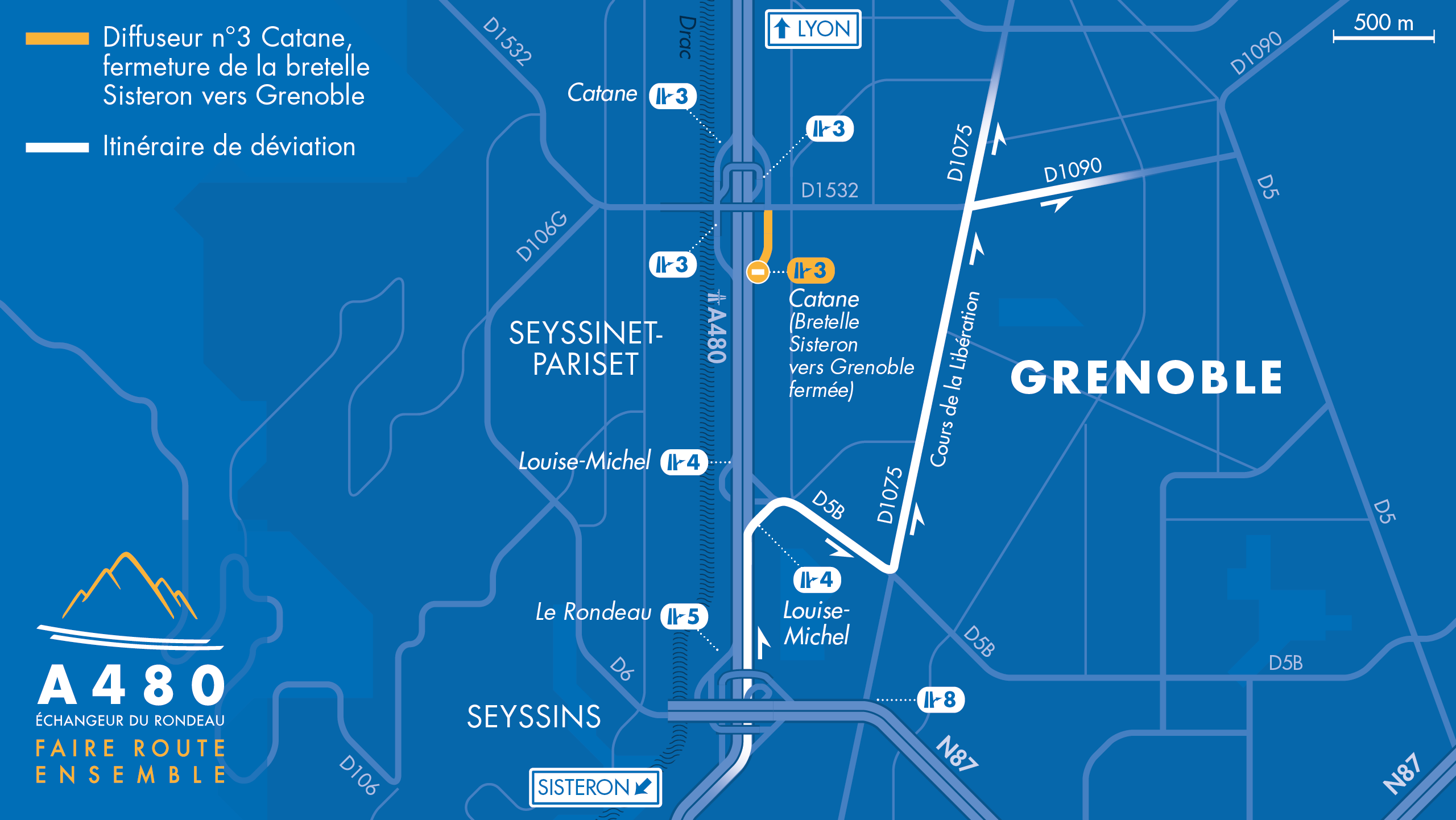 Carte de déviation suite à la fermeture de la bretelle de sortie du diffuseur Catane depuis l'autoroute A480 en direction de Grenoble