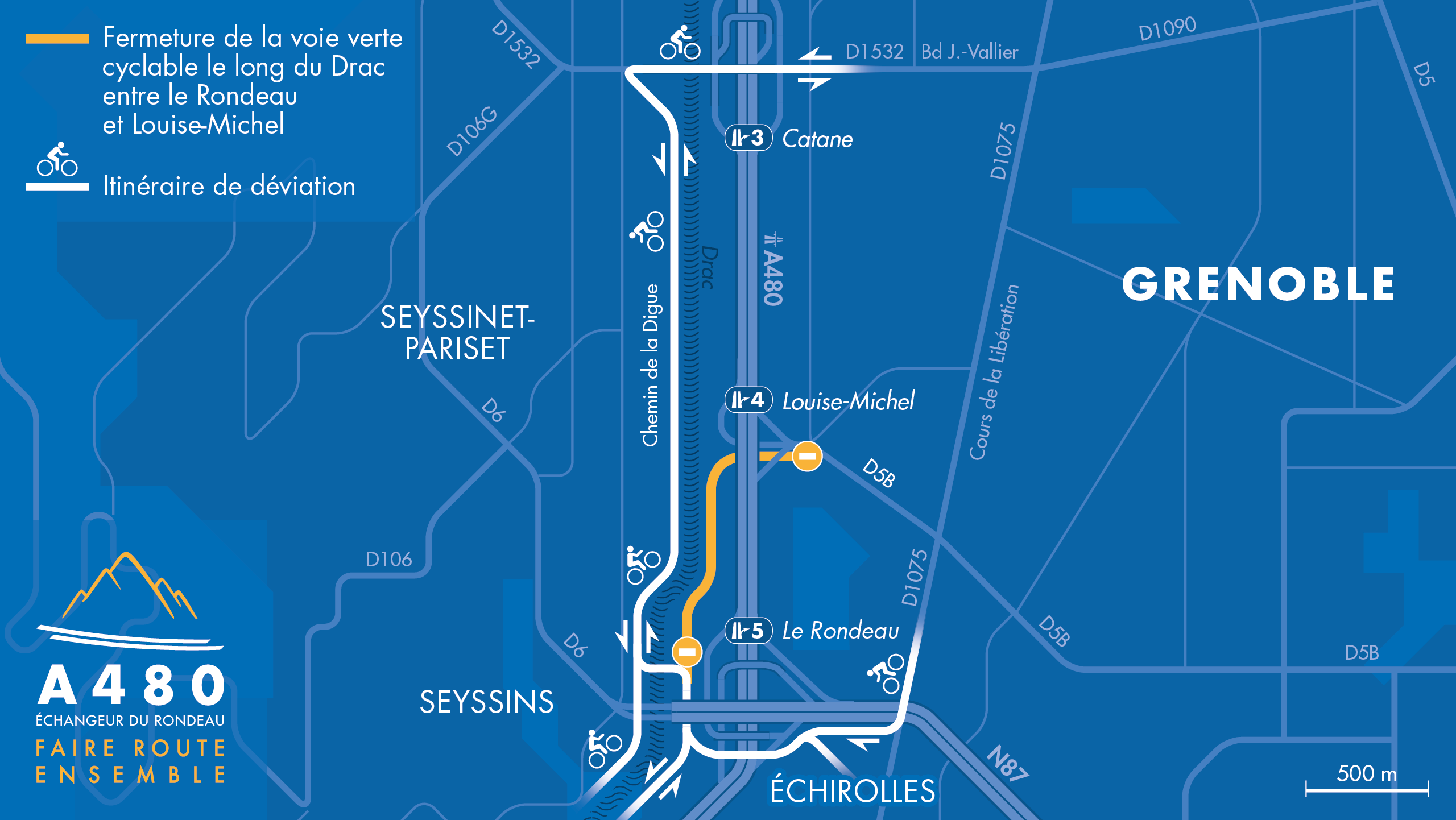 Carte de déviation pour la piste cyclable entre Louise Michel et le Rondeau à Grenoble