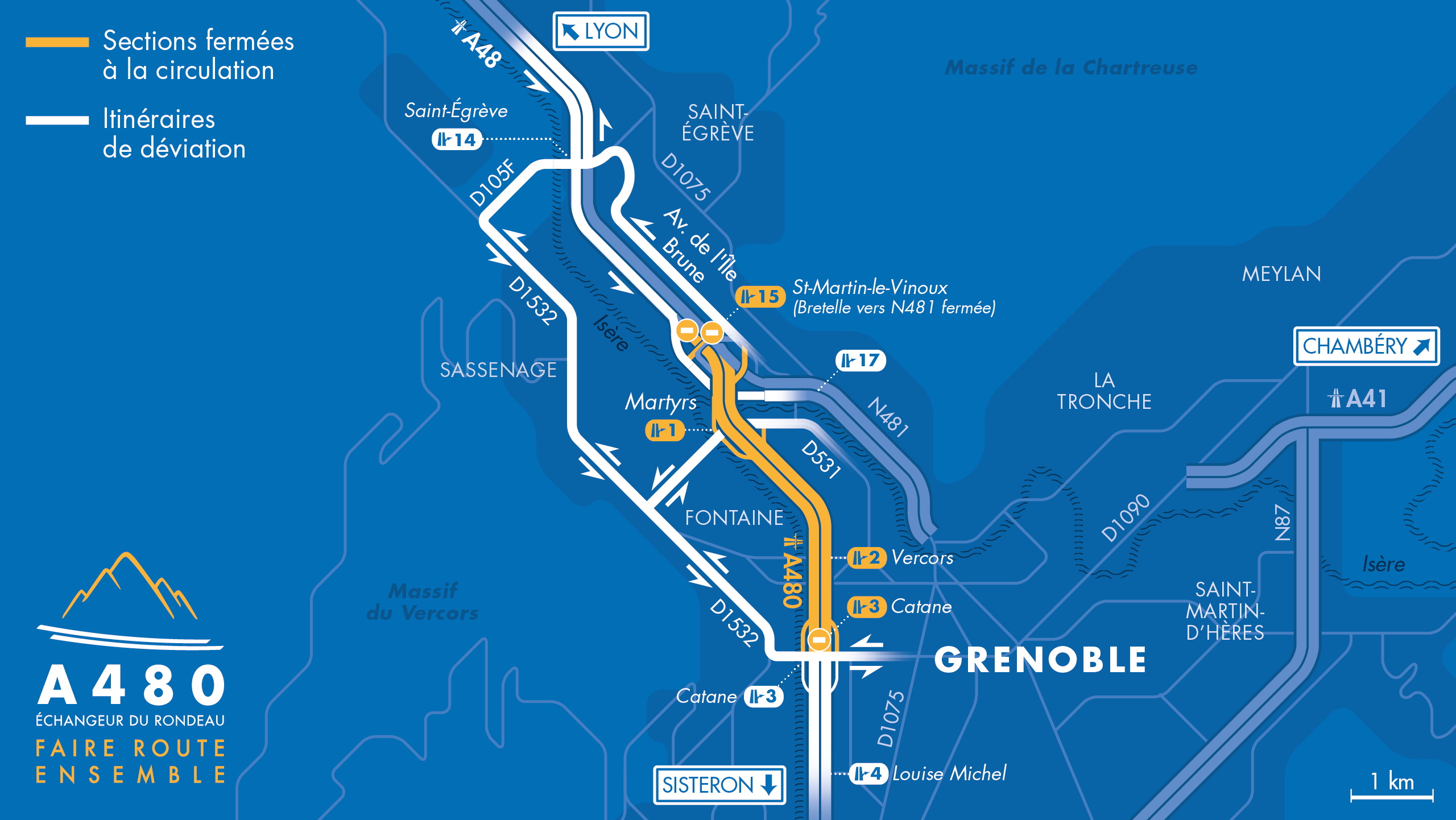 Carte des déviations sur l'A480 entre le diffuseur de Saint-Martin-le-Vinoux et le diffuseur de Catane