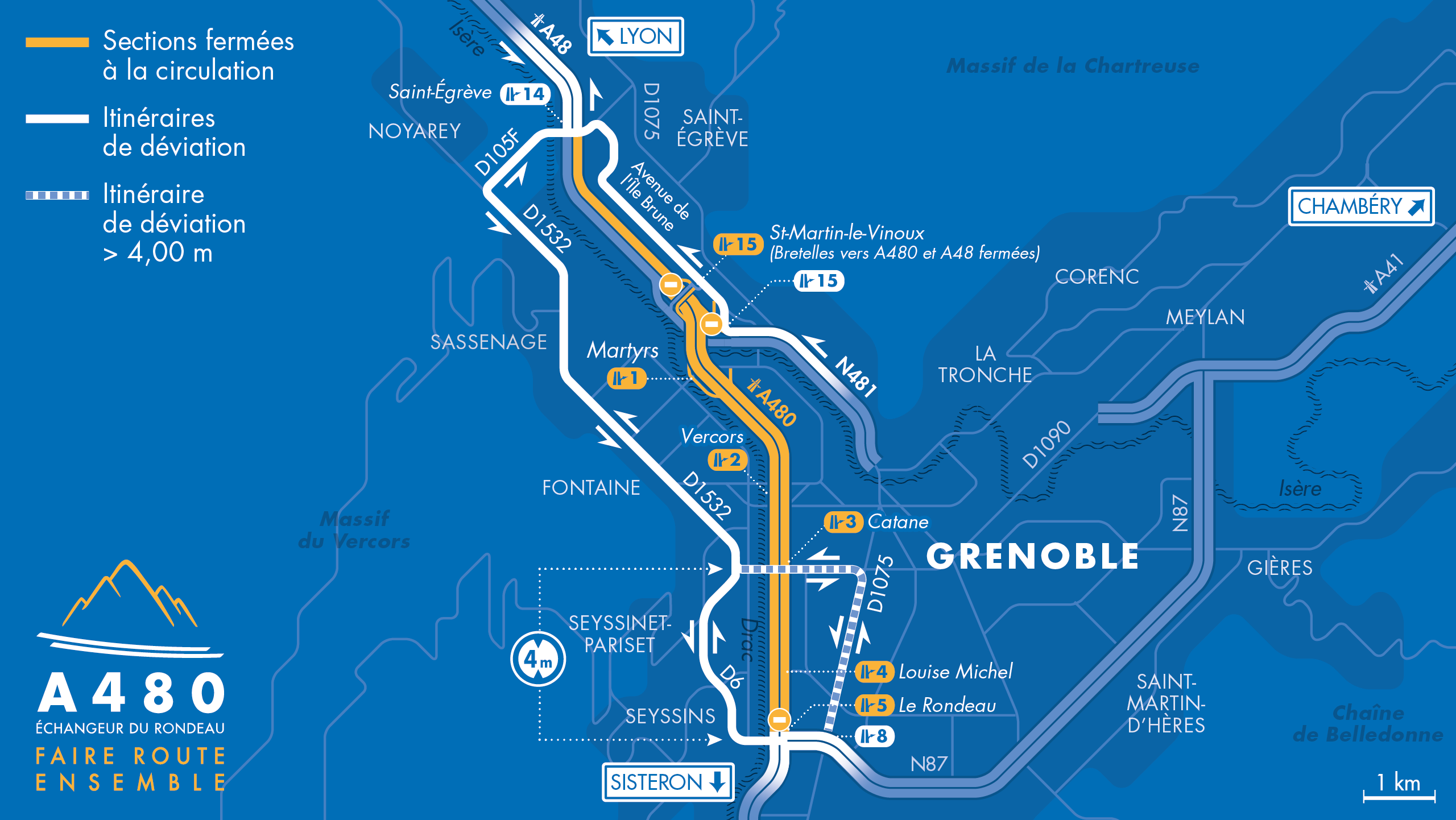 Carte de déviation entre la bifurcation A48/A480/RN481, le diffuseur du Rondeau (n°5) et le diffuseur de Saint-Égrève à Grenoble