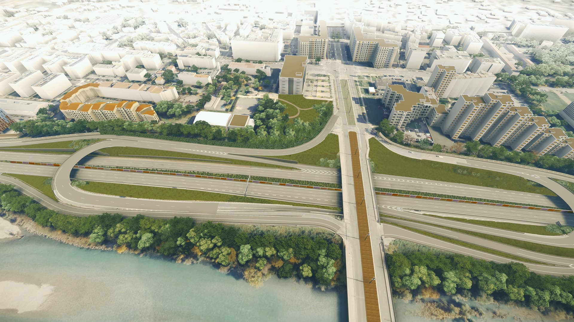 rendu 3D du diffuseur n°3 et du pont de Catane à l'issus des aménagements de l'A480 à Grenoble