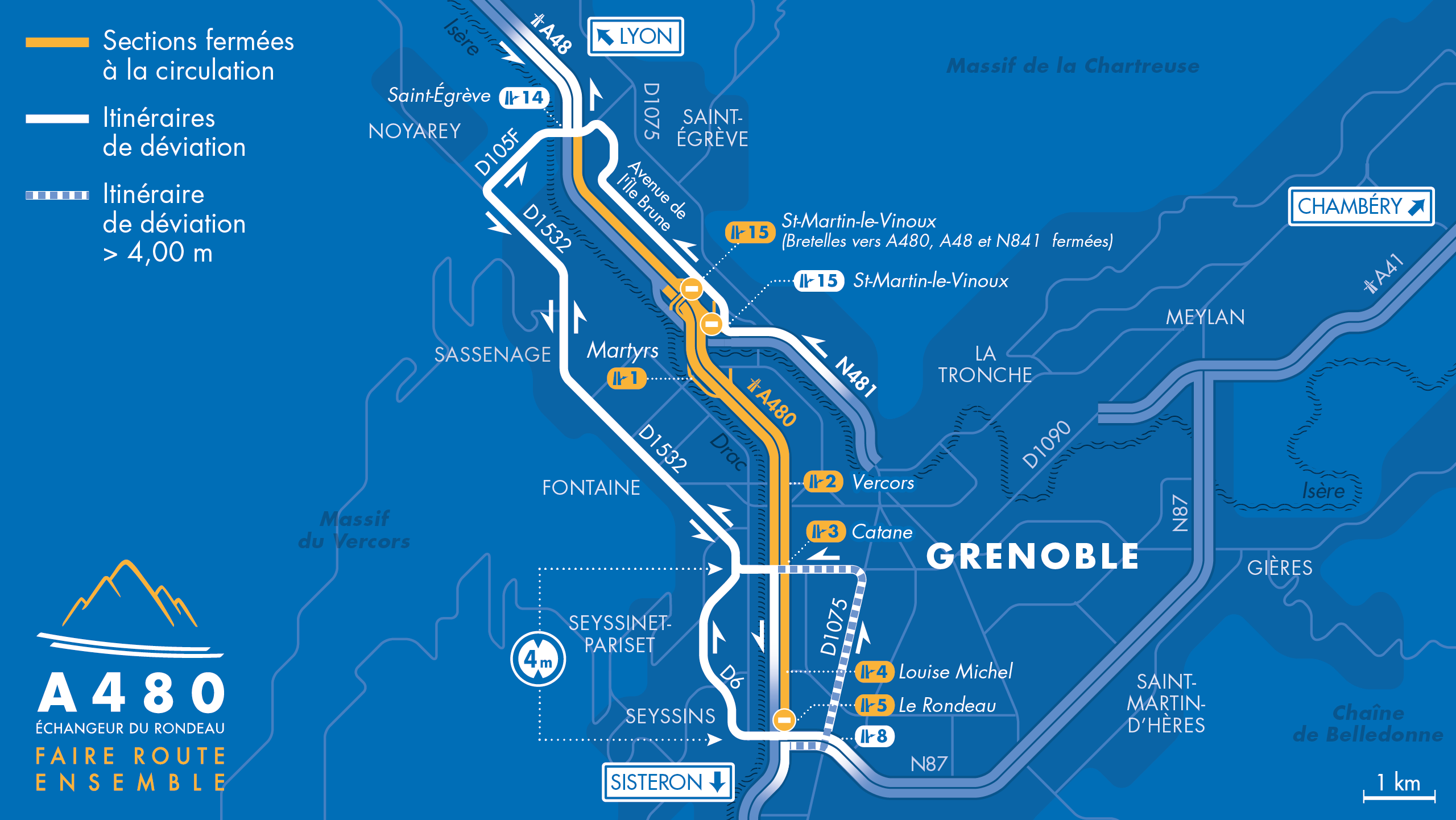 Carte de déviation entre la bifurcation A48/A480/RN481, le diffuseur du Rondeau (n°5) et le diffuseur de Saint-Égrève à Grenoble