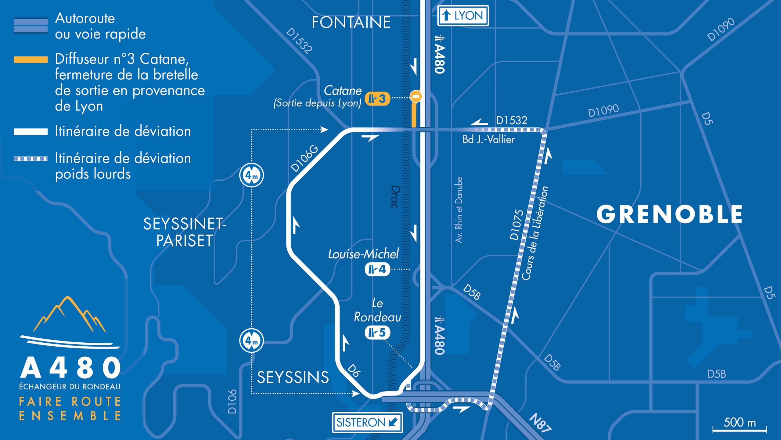 carte des déviations suite à la fermeture des bretelles de sortie vers Seyssinet-Pariset en venant de Lyon.