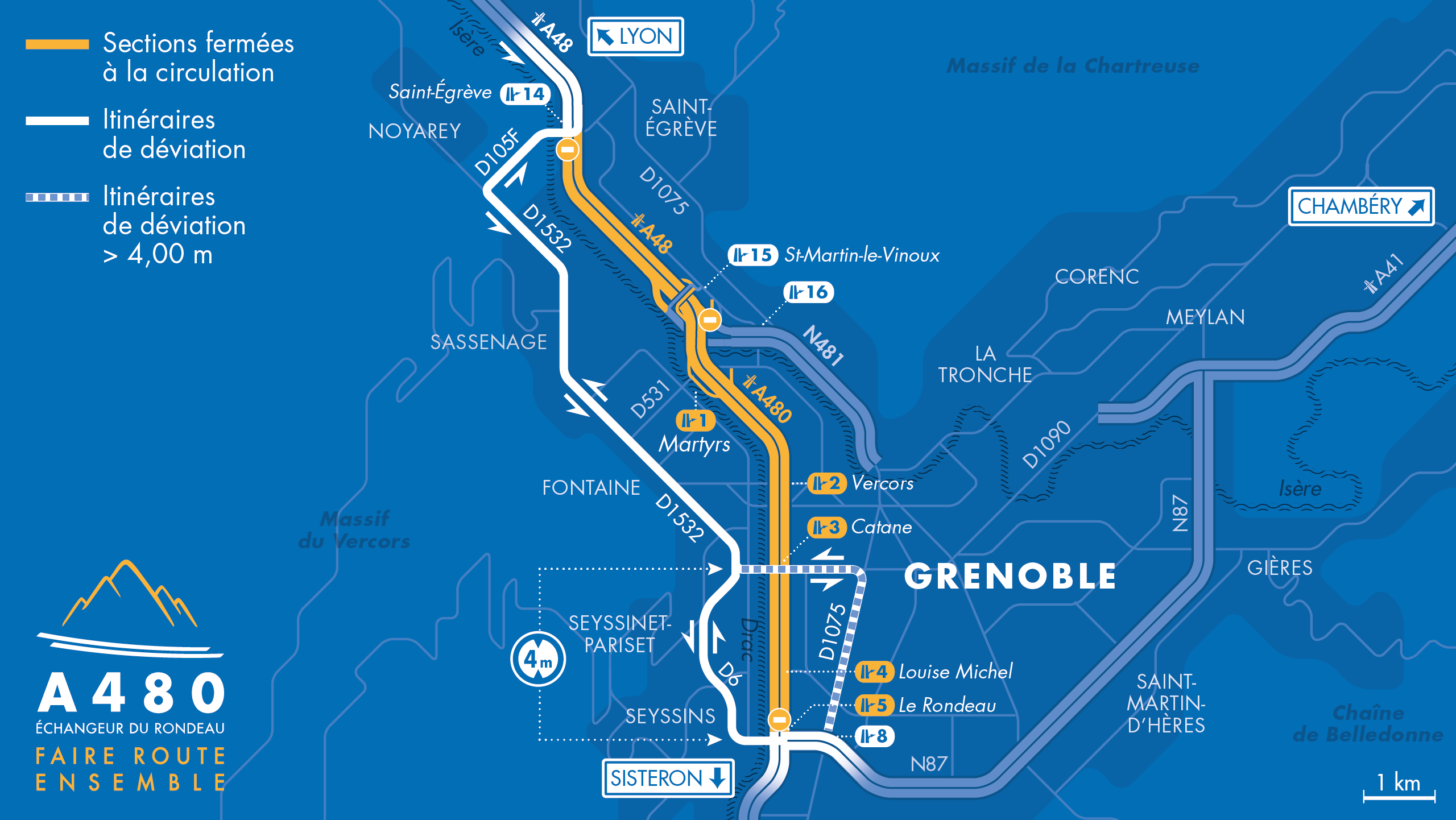 Carte des fermetures pour l’autoroute A480 entre le diffuseur du Rondeau (5) et le diffuseur de Saint-Egrève (14) dans les deux sens de circulation