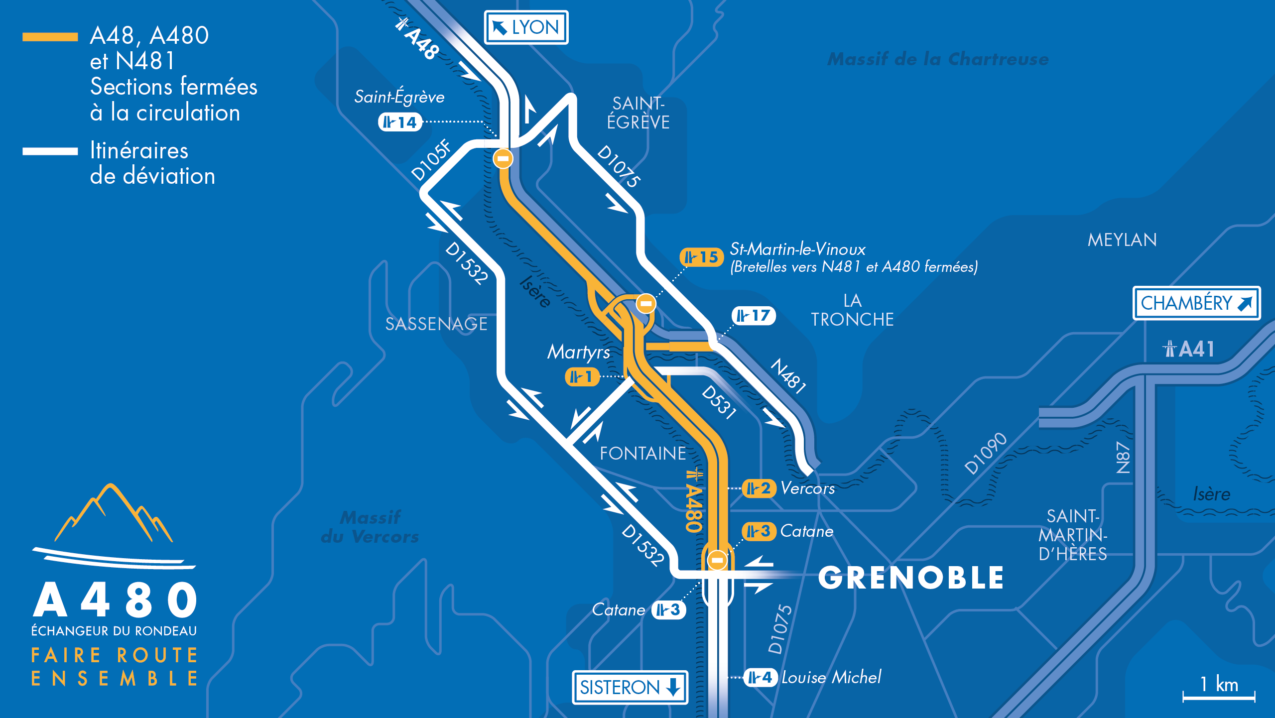 Carte des déviations entre le diffuseur de Catane (n°3), la bifurcation A48/A480/N481 et le diffuseur de Saint-Egrève (n°14) suite aux fermetures nocturnes de l'A480 à Grenoble