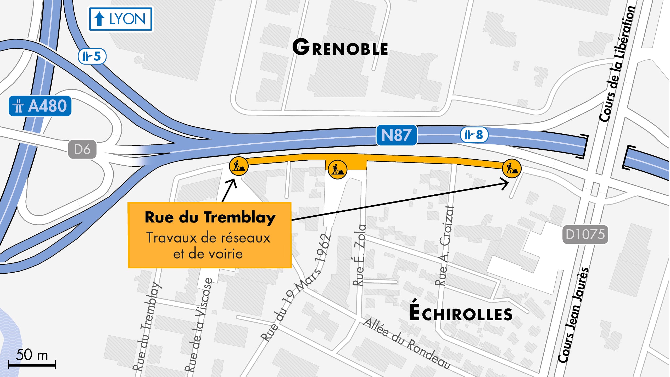Carte des travaux préparatoires pour l'échangeur du Rondeau à Échirolles, dans le bassin grenoblois