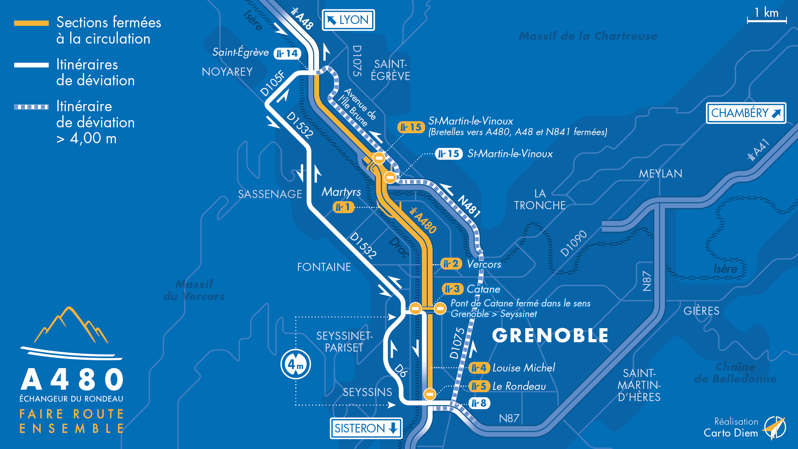 carte des travaux entre les échangeurs 3, 5 et 14 ainsi que sur le pont de catane