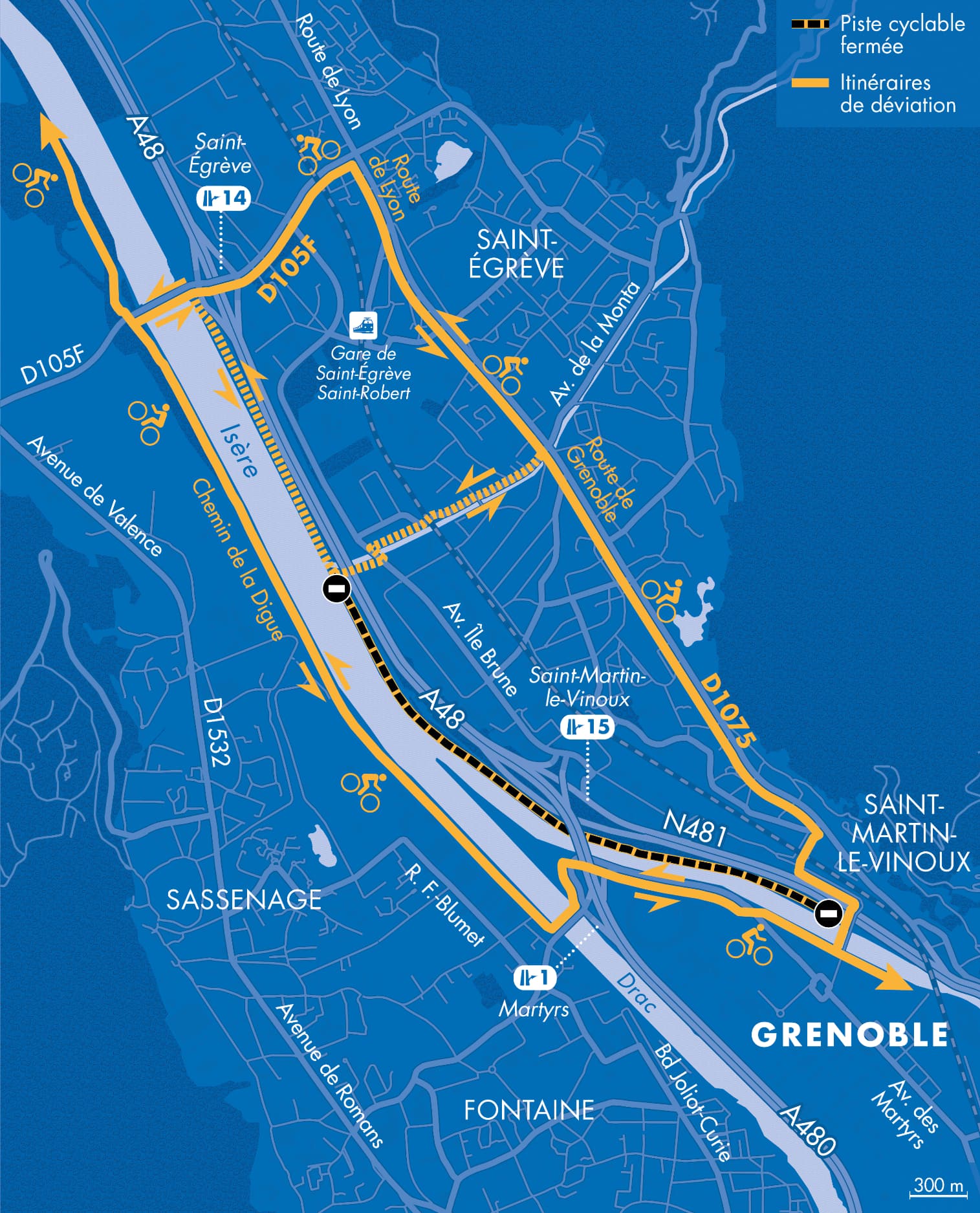 Carte des itinéraires de déviations pour les cyclistes suite à la fermeture de la voie sur berge en rive droite de l'Isère à Grenoble