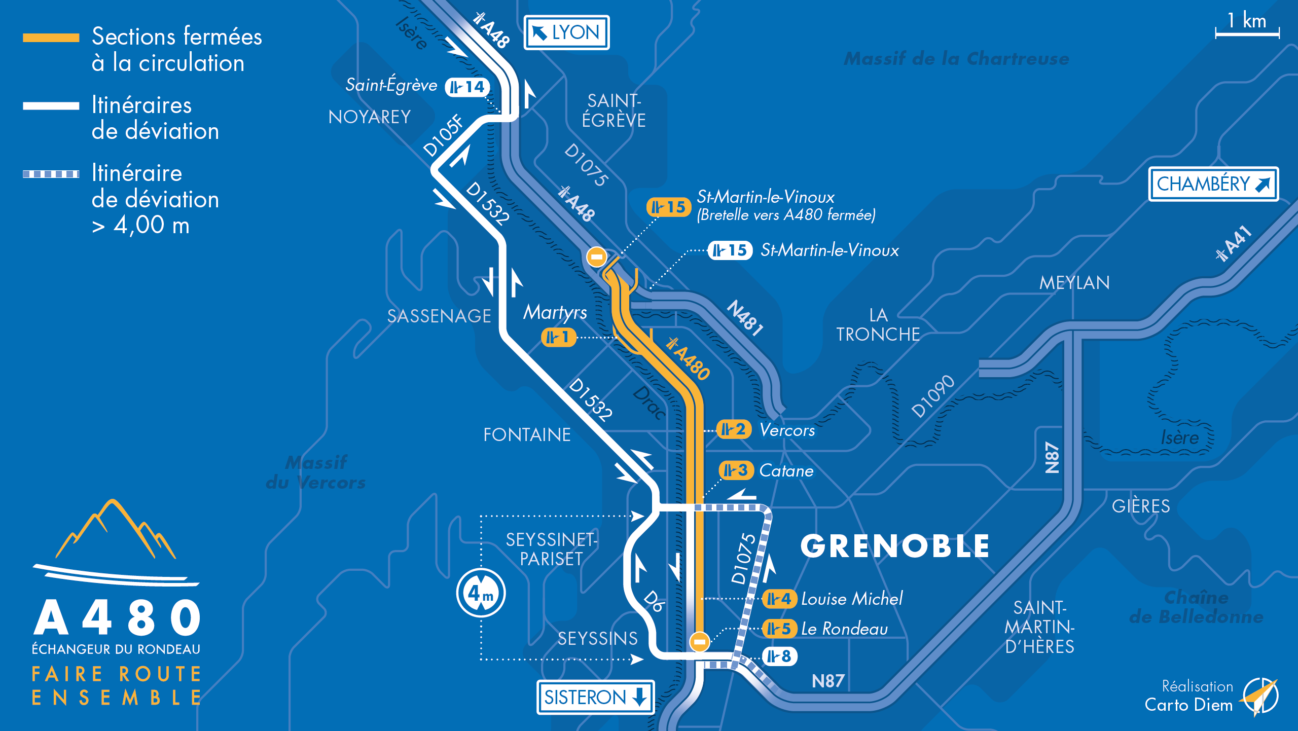 carte des déviations entre le diffuseur du Rondeau, de Catane et la bifurcation A48/A480/N481 sur Grenoble