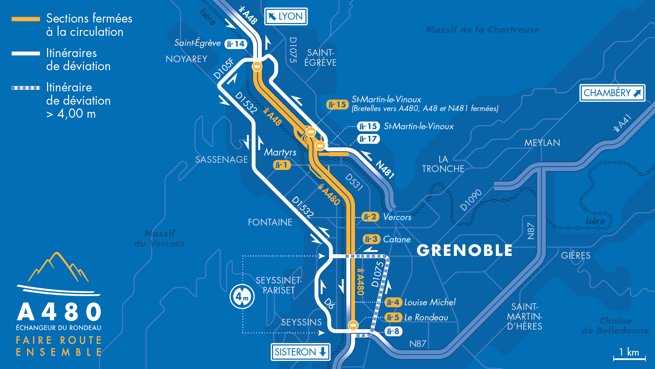 carte de déviation entre la bifurcation A48/A480/N481 et le diffuseur de Catane, le diffuseur d Rondeau et le diffuseur de Saint-Egrève à Grenoble