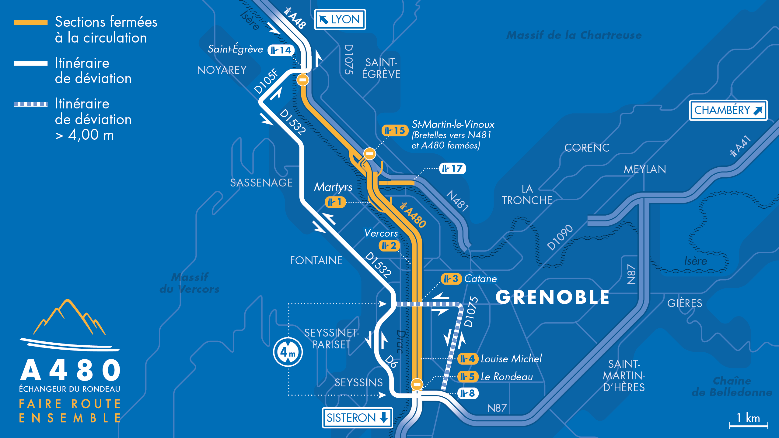 carte de déviation entre le diffuseur de Saint-Egrève et le diffuseur du Rondeau ainsi qu'entre le diffuseur du Rondeau et la bifurcation A48/A480/N481
