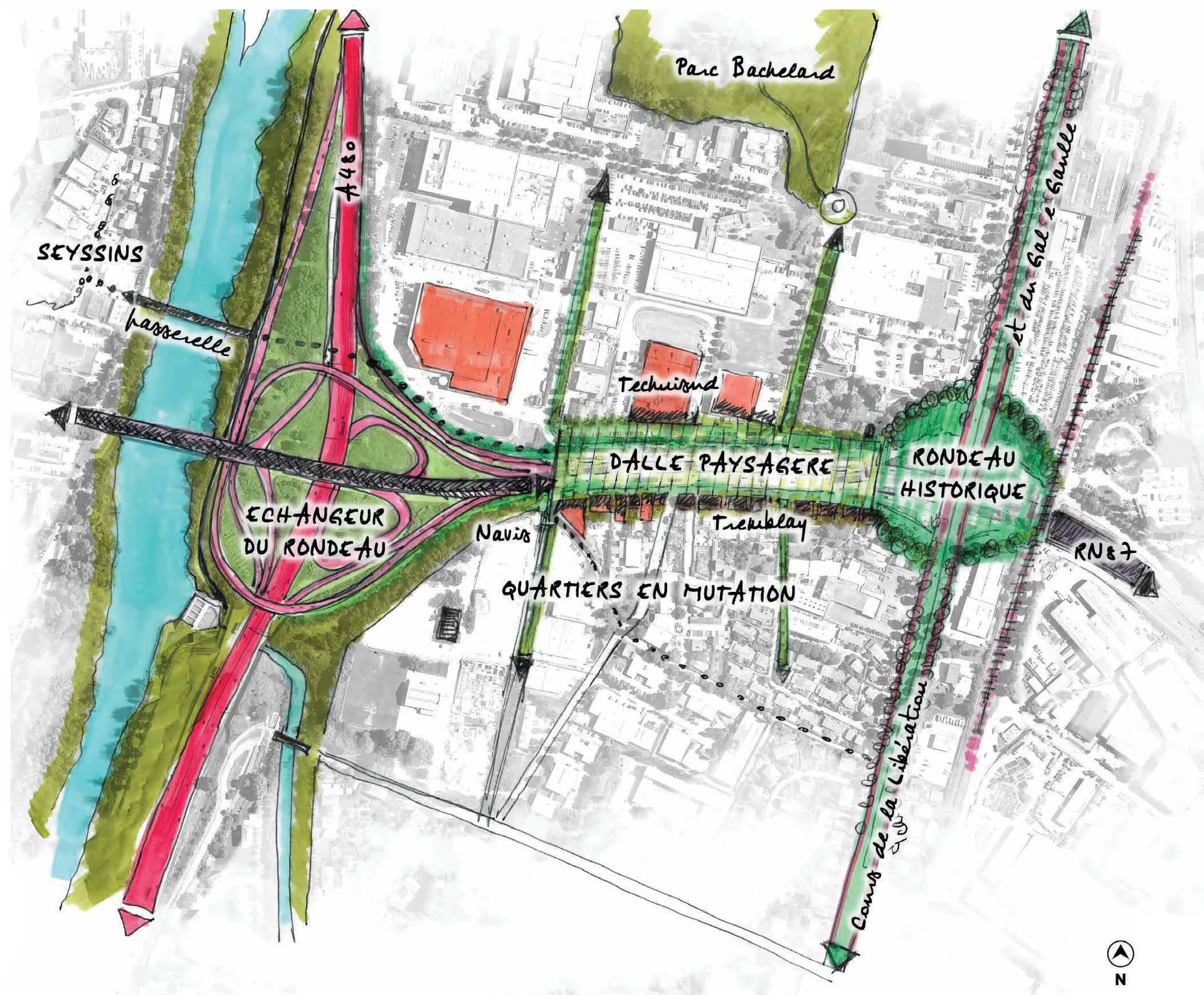 Croquis des nouveaux aménagements du Rondeau à Grenoble
