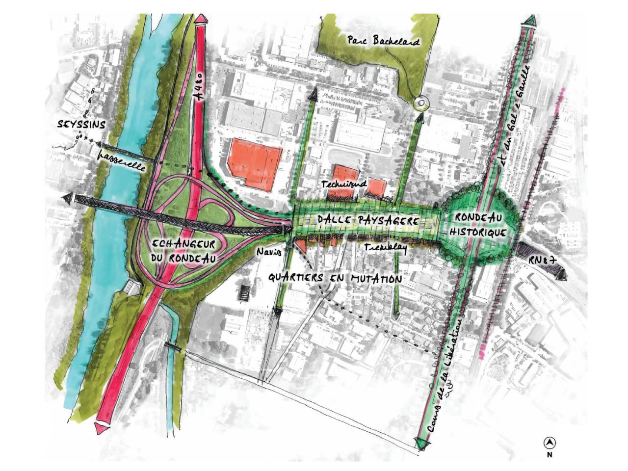 Croquis des nouveaux aménagements du Rondeau à Grenoble