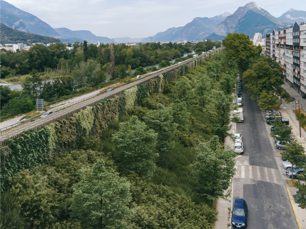 vue 3d de l'écran acoustique végétal sur le secteur de Mistral à Grenoble le long de l'autoroute A480