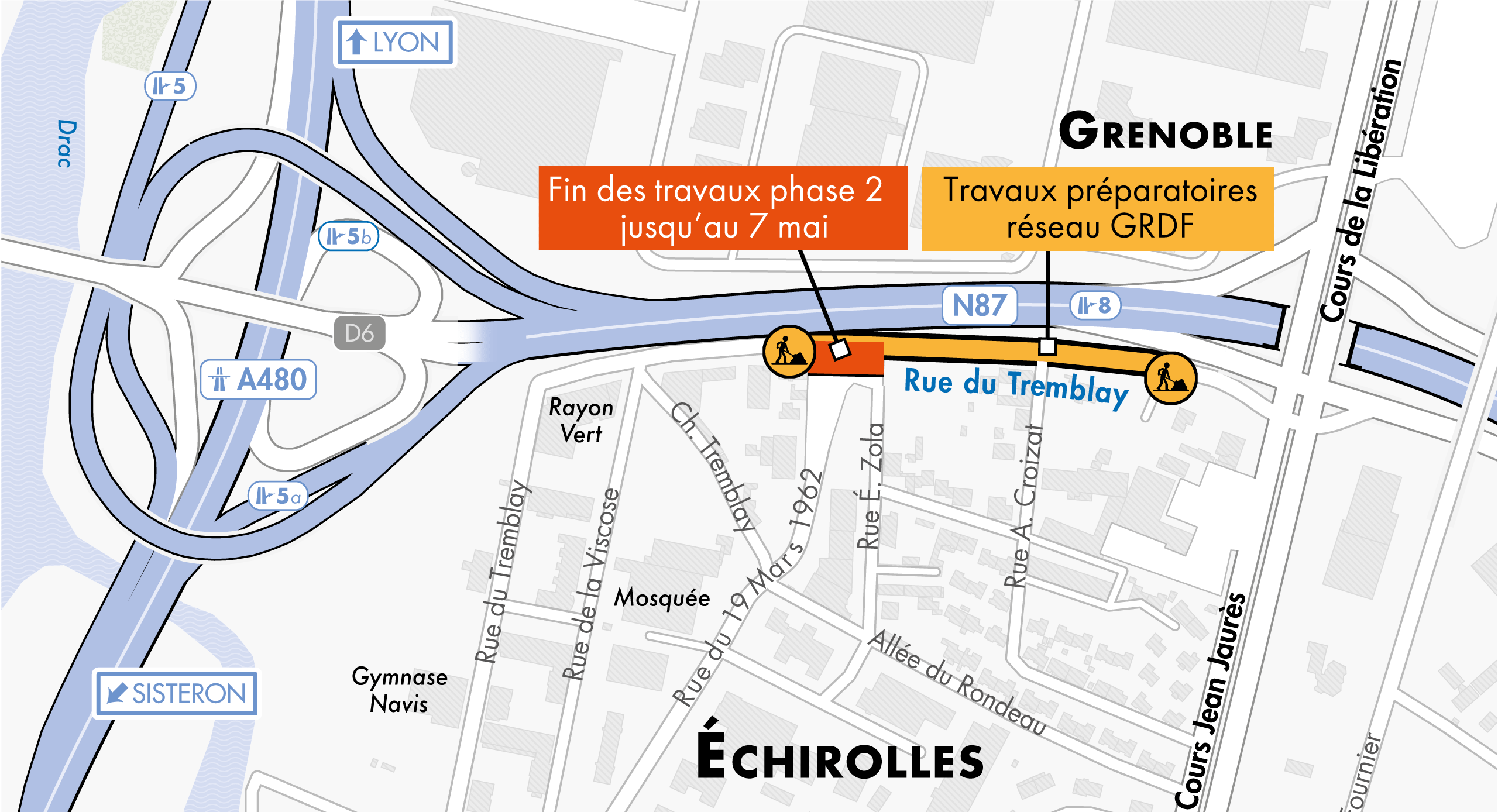 Carte des travaux préparatoires sur le réseau de gaz des la rue Tremblay à Échirolles par les équipes de la maîtrise d'ouvrage GRDF
