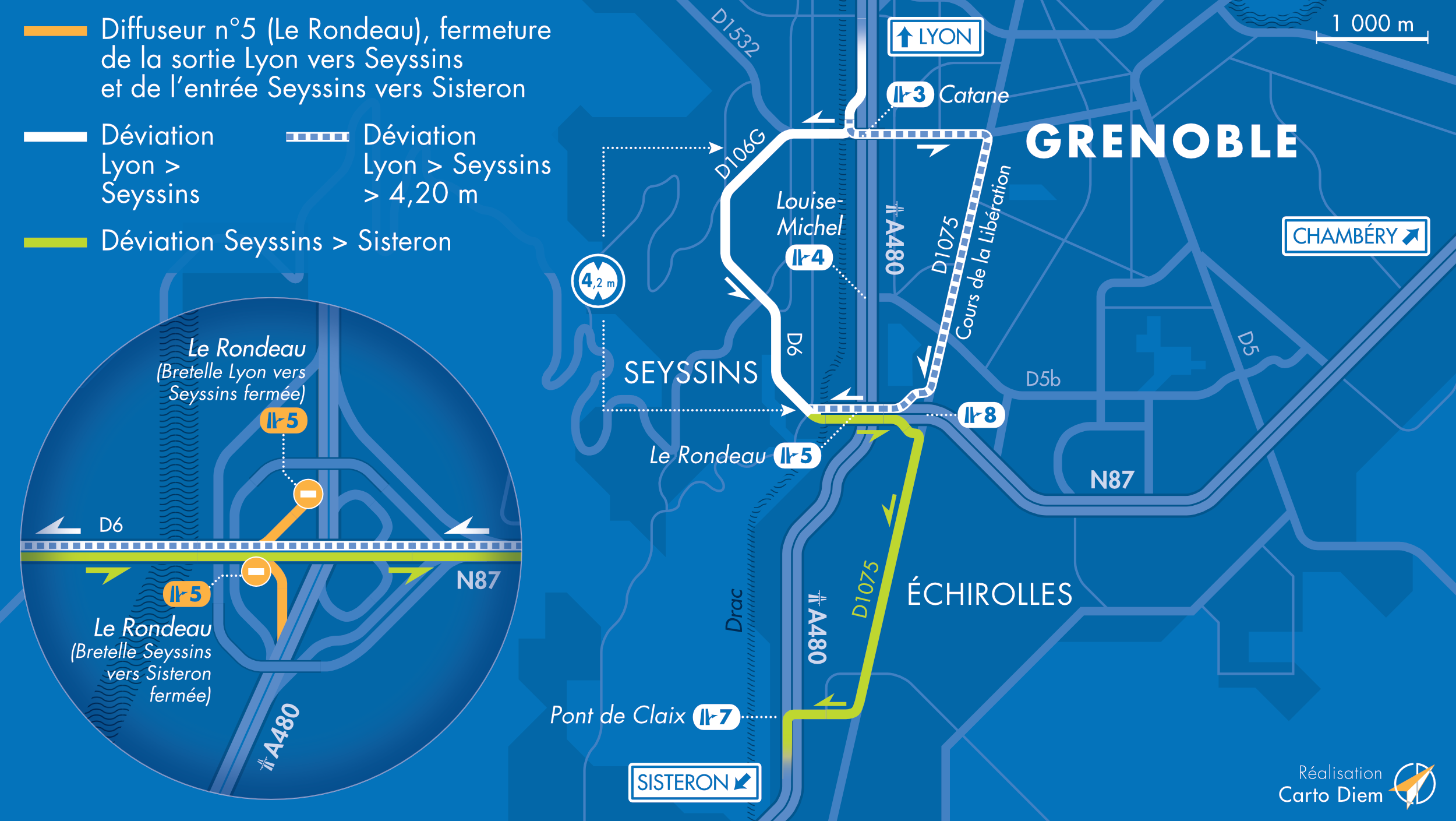 Carte de déviation suite à la fermeture de la bretelle d’entrée depuis D6 et la bretelle de sortie vers D6 dans le sens Lyon-Sisteron du diffuseur de Seyssins