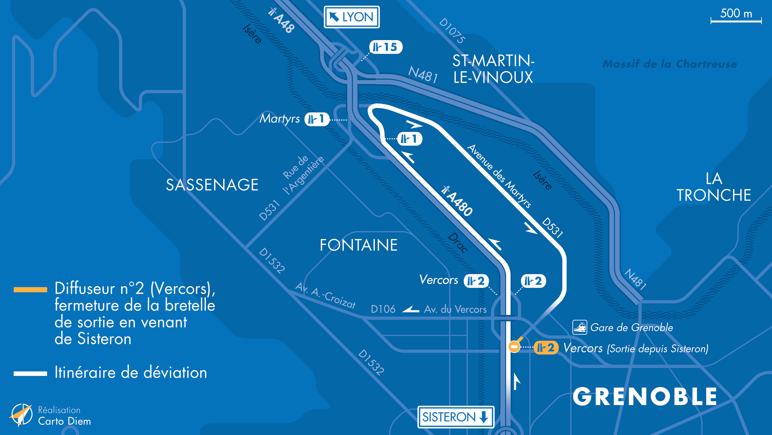 Carte de déviation suite à la fermeture de la bretelle de sortie depuis Sisteron vers Grenoble du diffuseur de Vercors