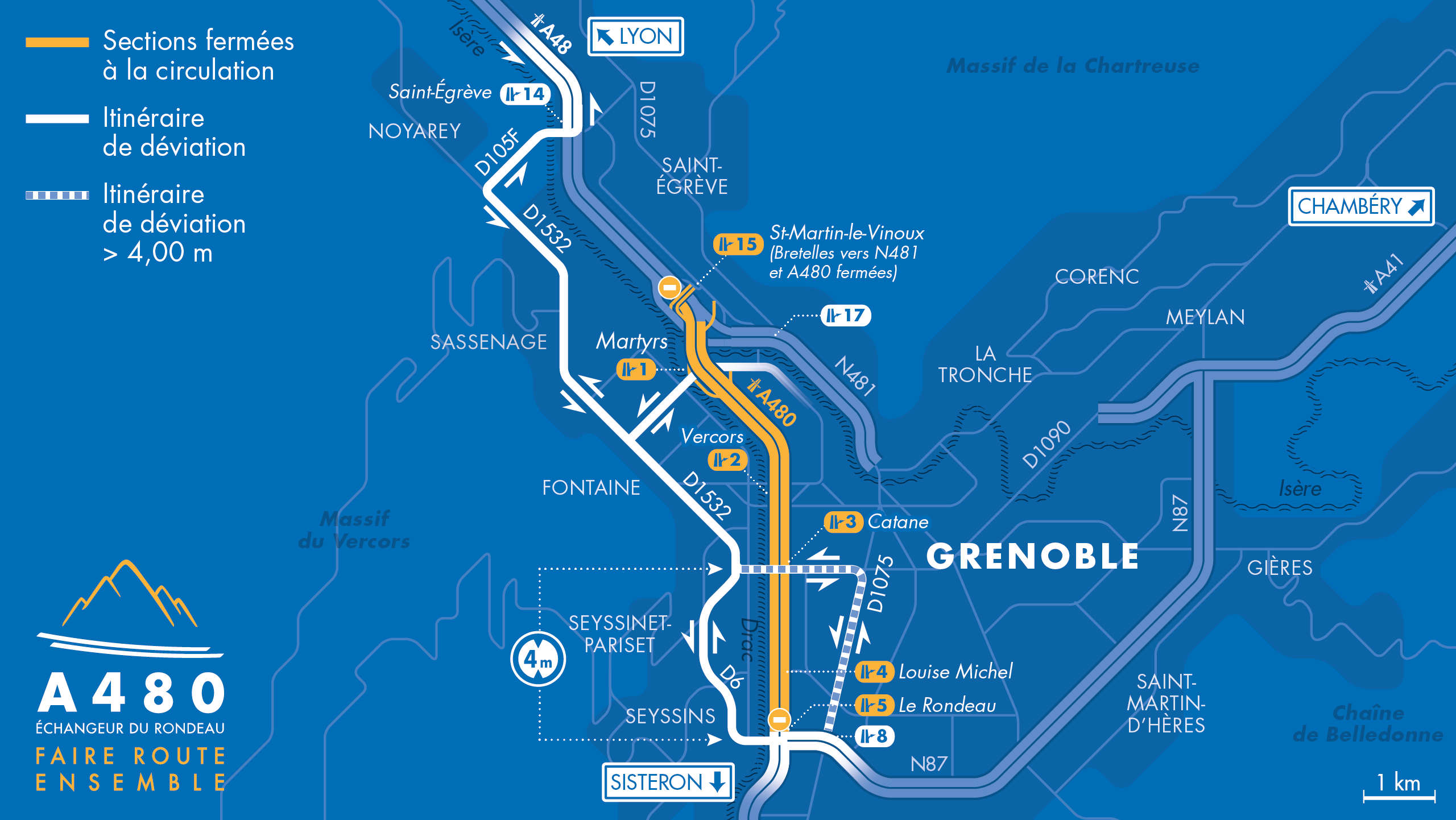 carte de déviation le diffuseur du Rondeau et la bifurcation A48/A480/N481 dans les deux sens de circulation sur l'autoroute A480 du réseau AREA