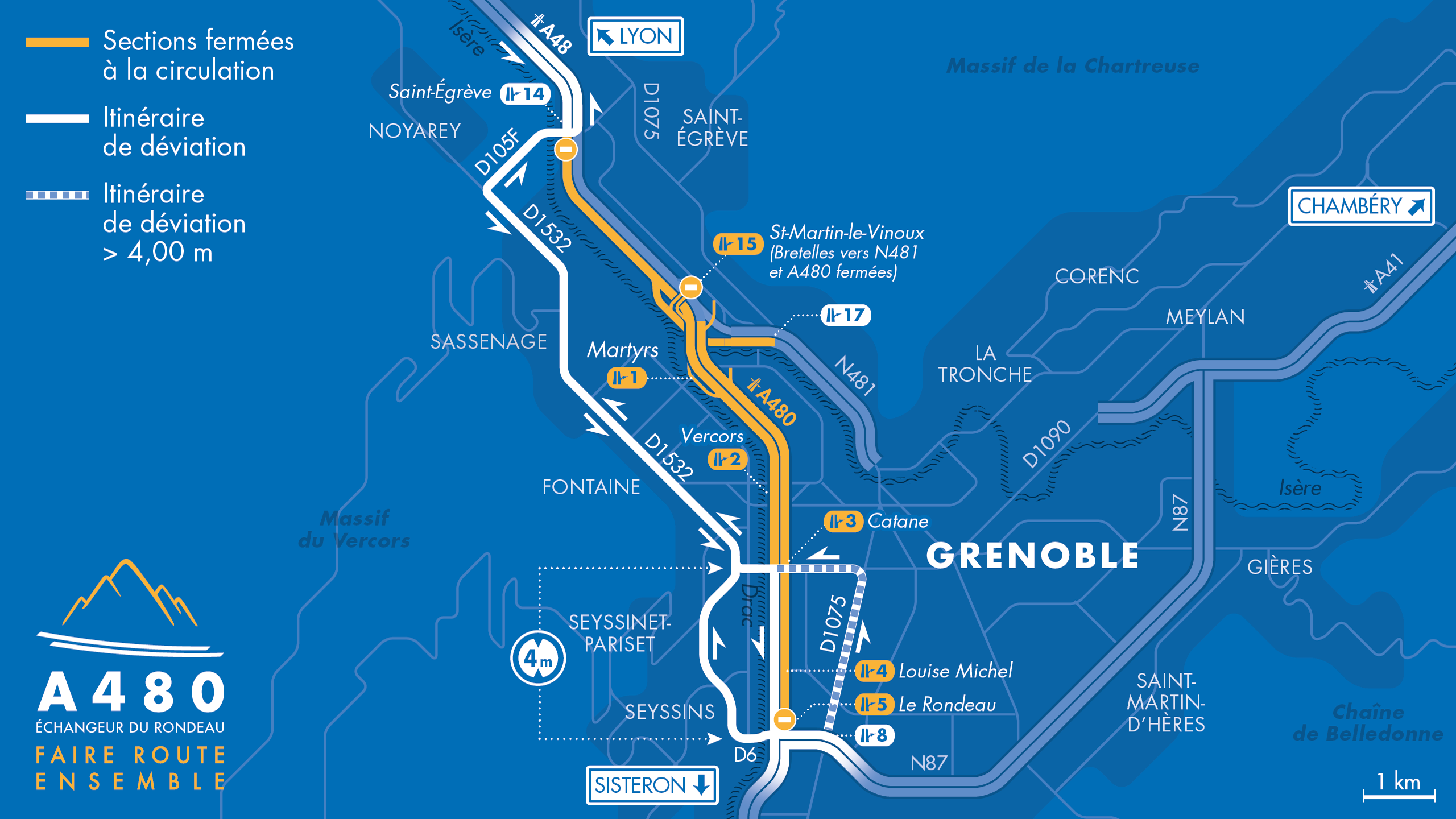 carte des déviations suite à la fermeture des diffuseurs de Saint-Égrève, Catane, Oxford, le Rondeau et la bifurcation A48/A480