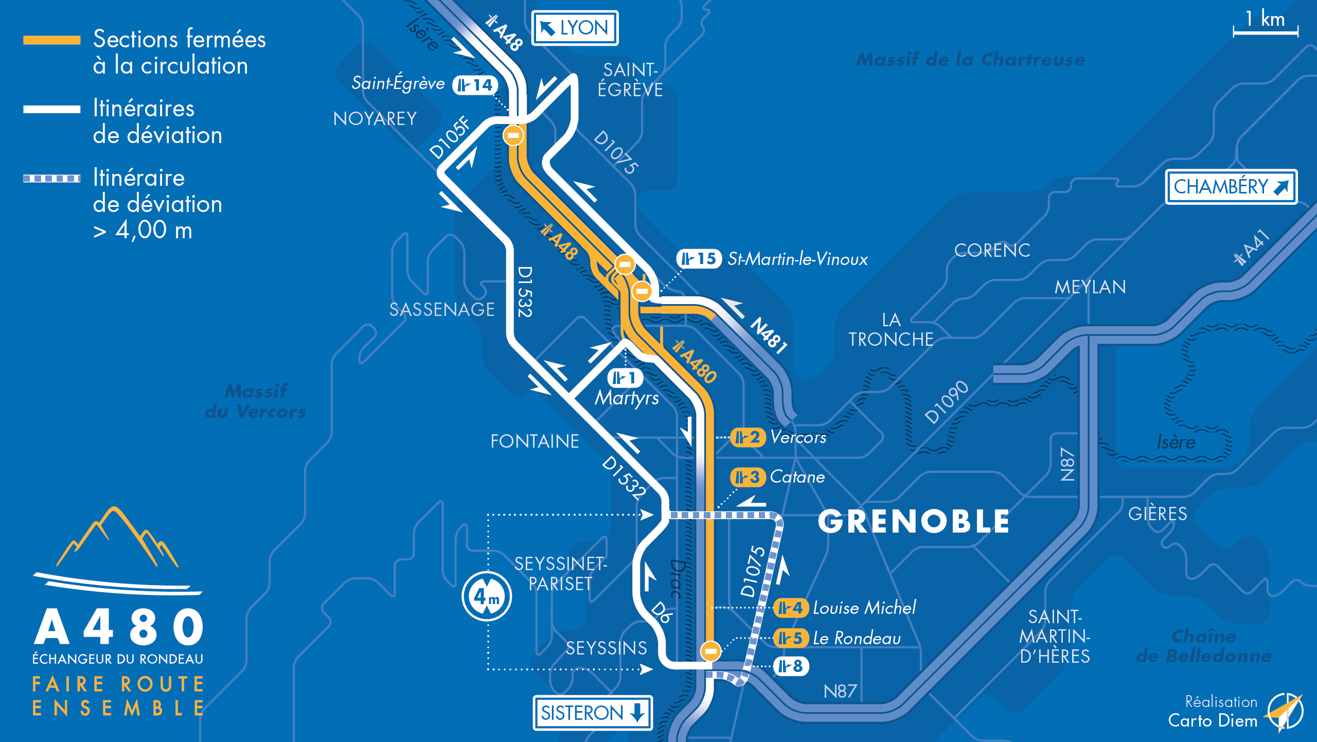 carte des déviations suite à la fermeture des diffuseur entre Saint-Égrève, Seyssins et Martyr.