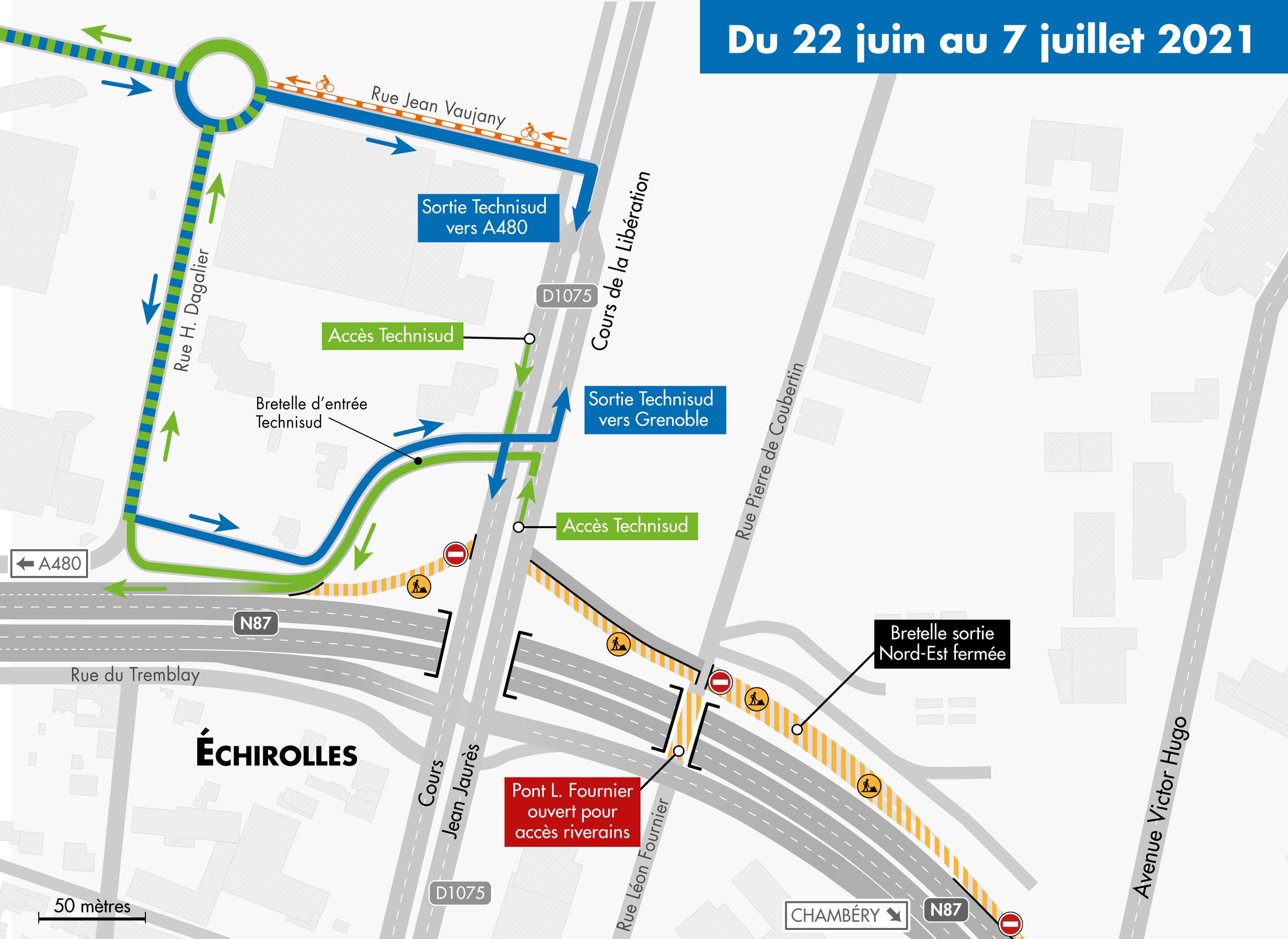 carte de déviation pour l'accès à la zone Technisud sur le bassin grenoblois