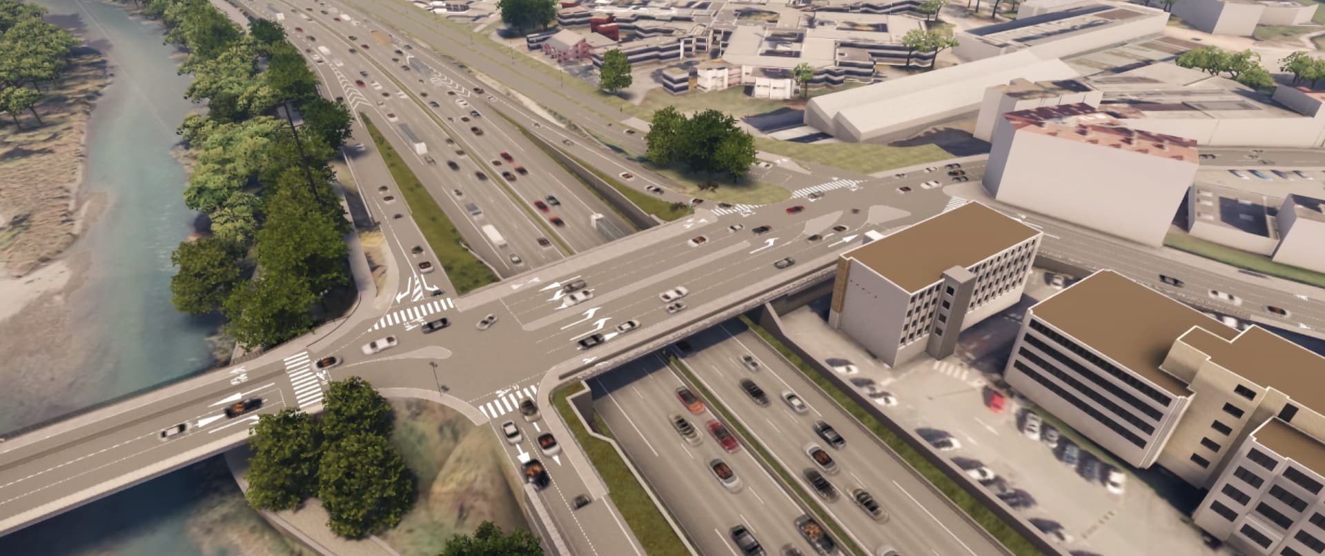 rendu 3D de l'extention en deux fois deux voies du pont de Vercors au dessus de l'autoroute A480