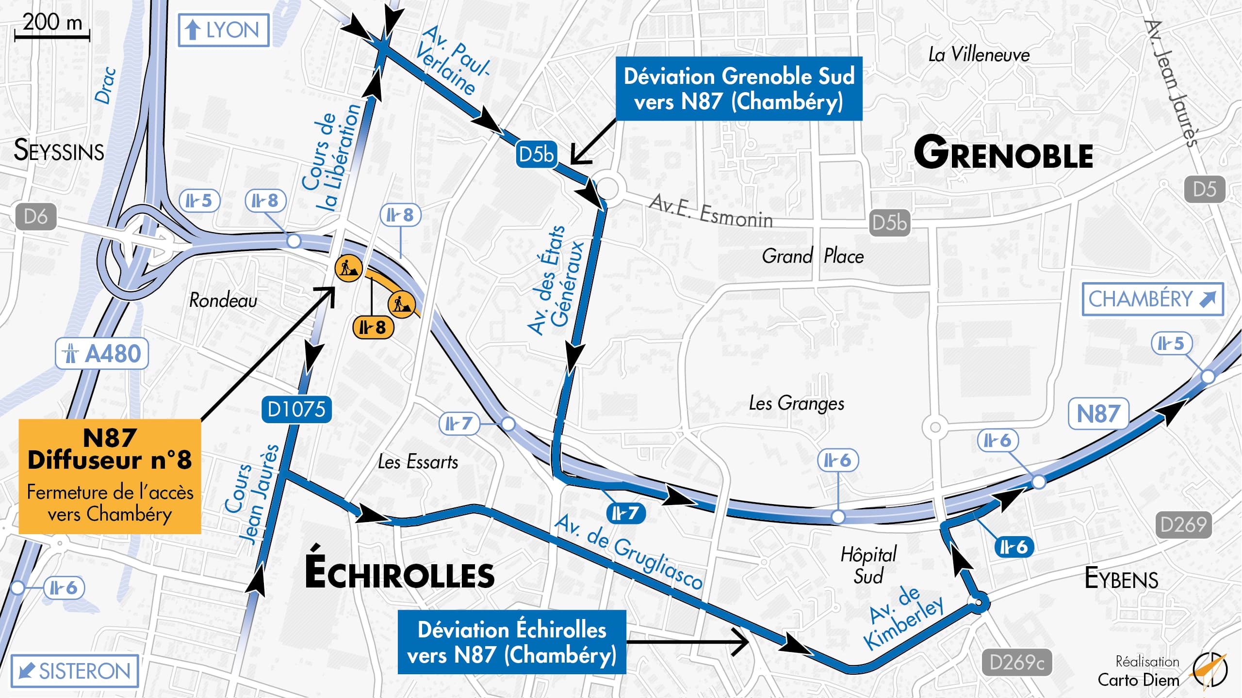 carte de déviation suite à la fermeture de la bretelle d'entrée sud-est du diffuseur de la libération