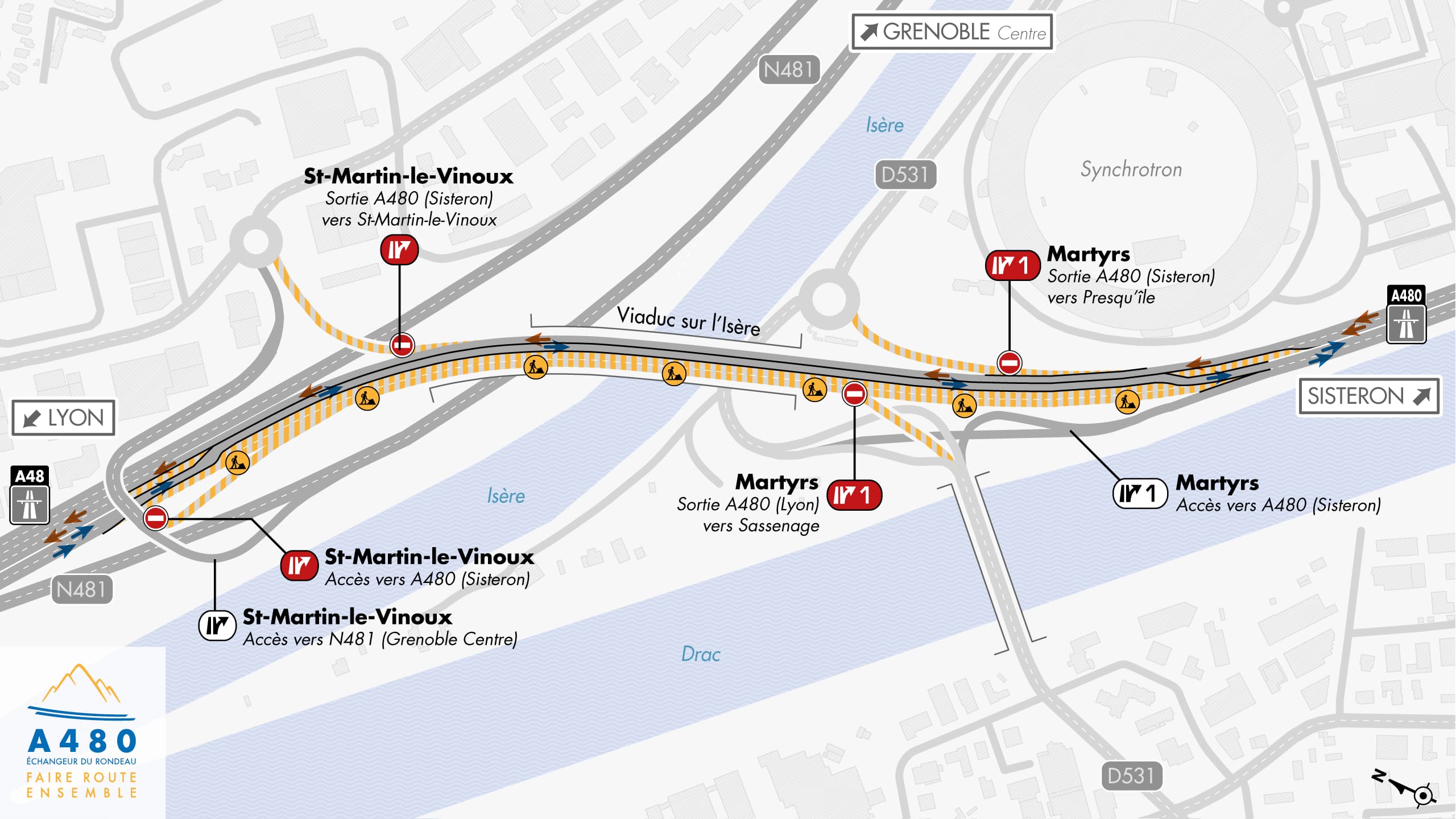 Carte de déviation suite à la connexion du nouveau tablier au tablier existant sur le viaduc de l'Isère par les équipes d'AREA