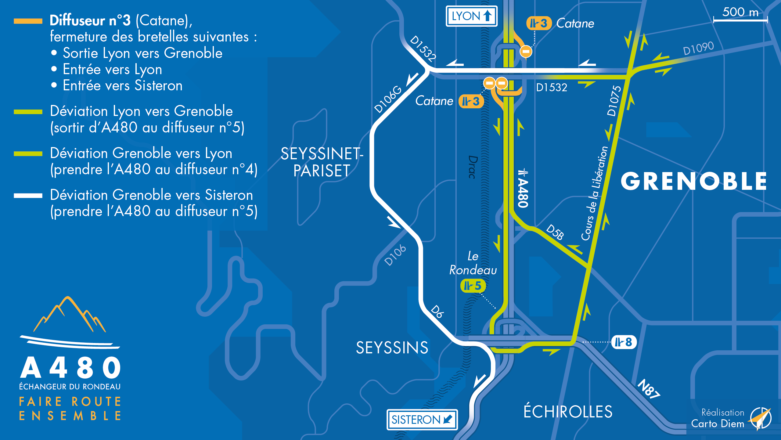 carte des déviations suite à la fermetures de bretelles sur le diffuseur de Catane (n°3) de l'autoroute A480 sur Grenoble