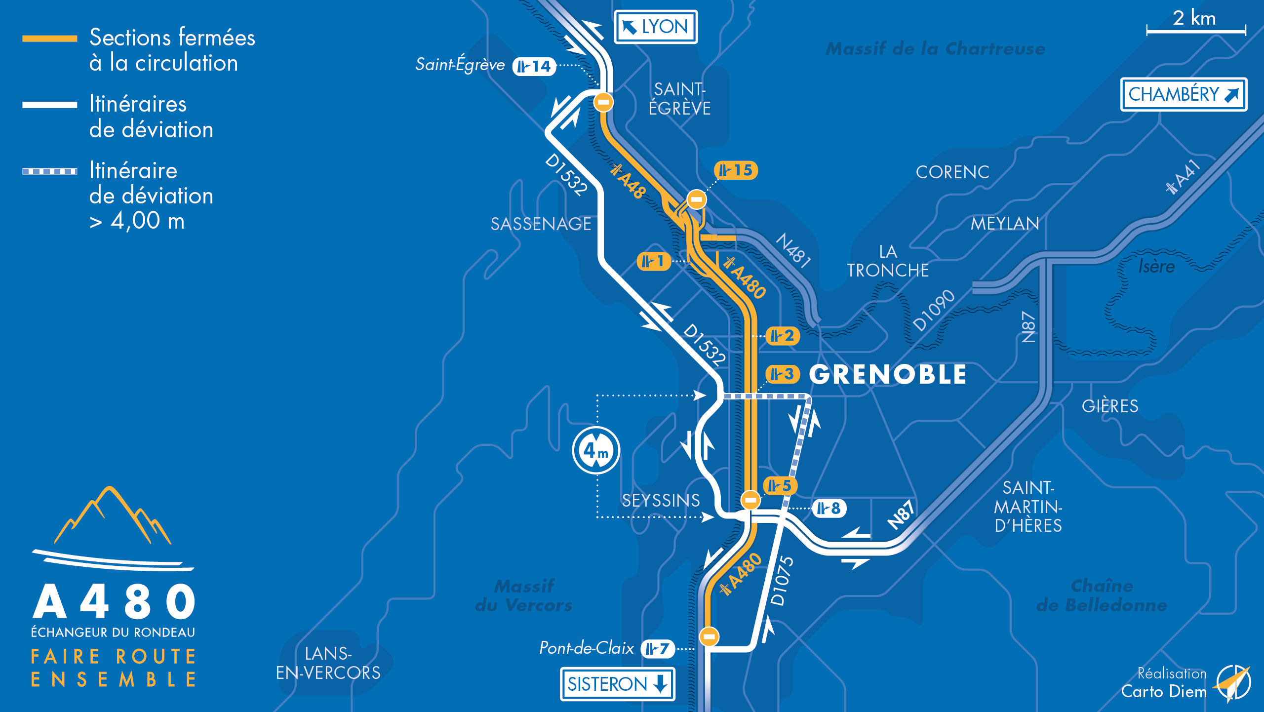 carte des déviations suite à la fermeture des diffuseur entre Saint-Égrève, le Rondeau, le pont de Claix et la biffurcation vers la N481.