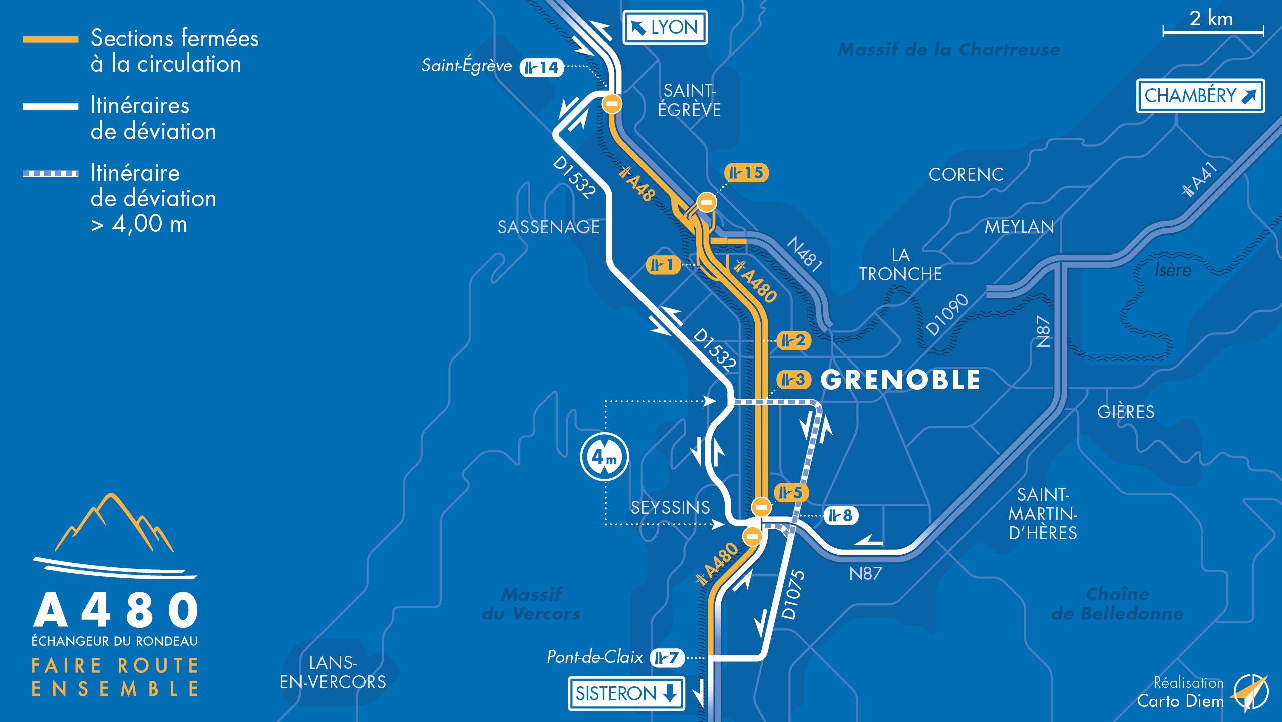 carte des déviations suite à la fermeture des diffuseur entre Saint-Égrève, le pont de Claix, le Rondeau et la biffurcation vers la N481.