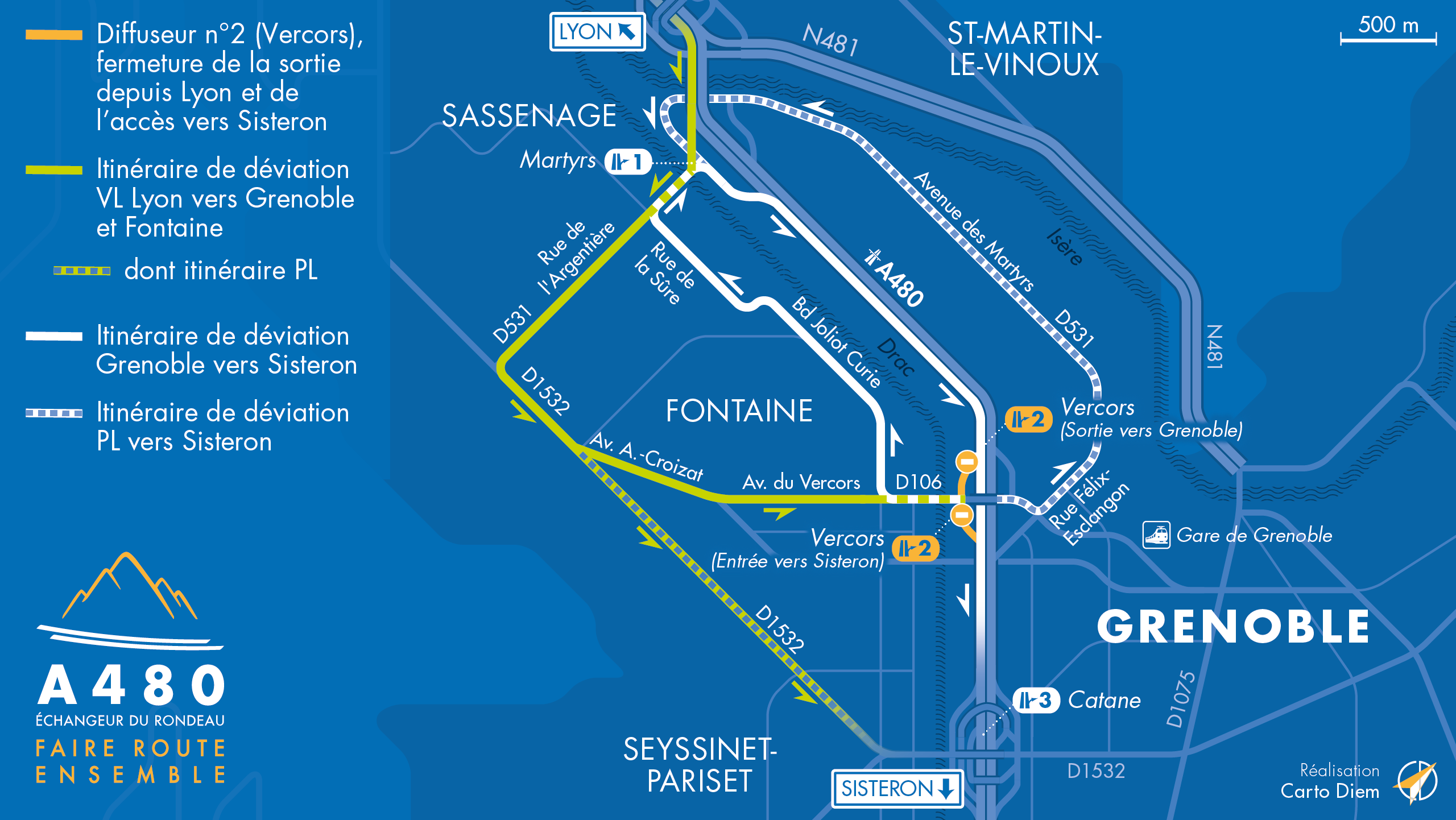 Carte de déviations suite à la fermeture de bretelles sur le diffuseur de Vercors de l'autoroute A480