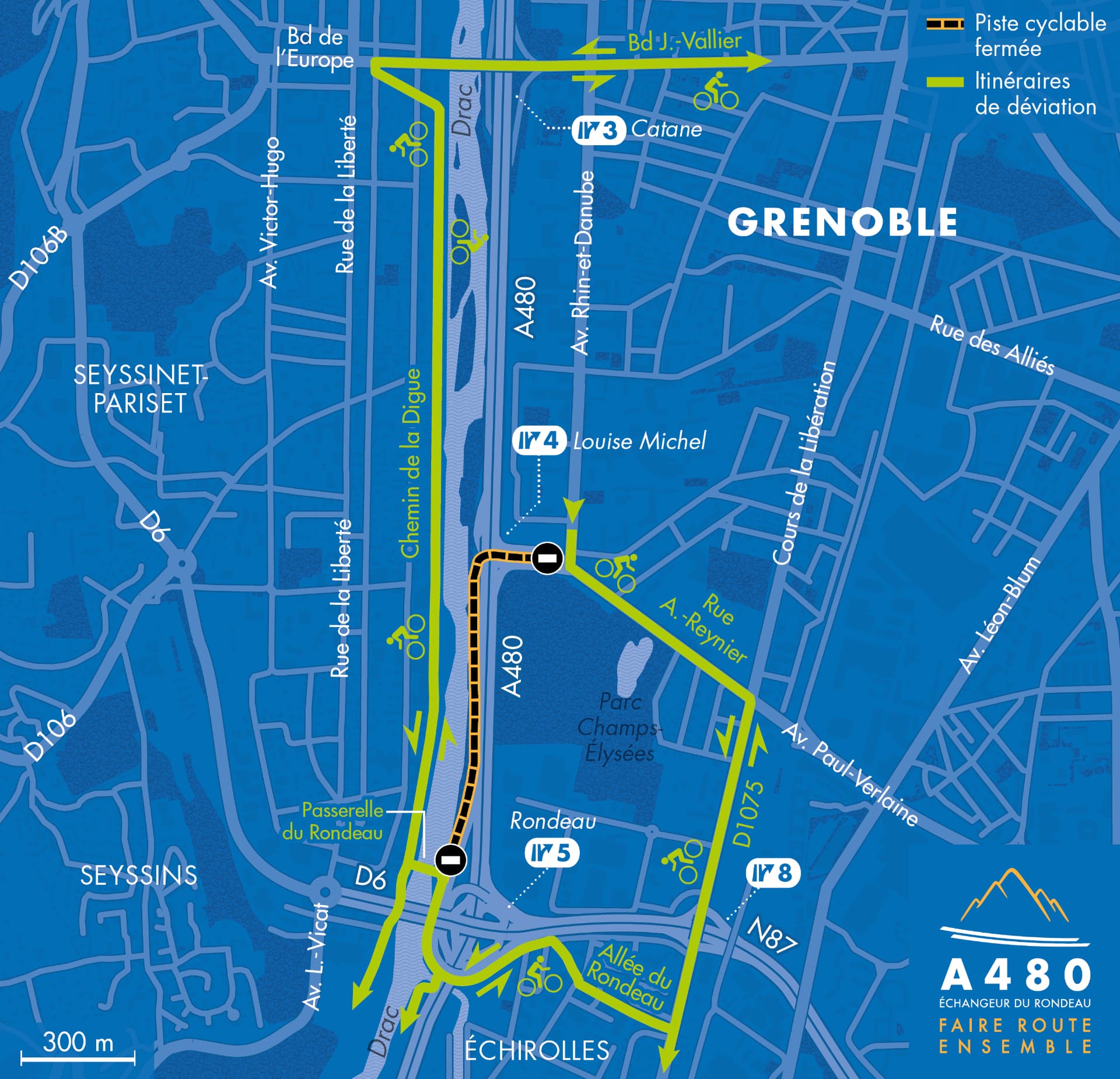 carte de déviation suitre à la fermeture de la piste cyclable à Louise-Michel