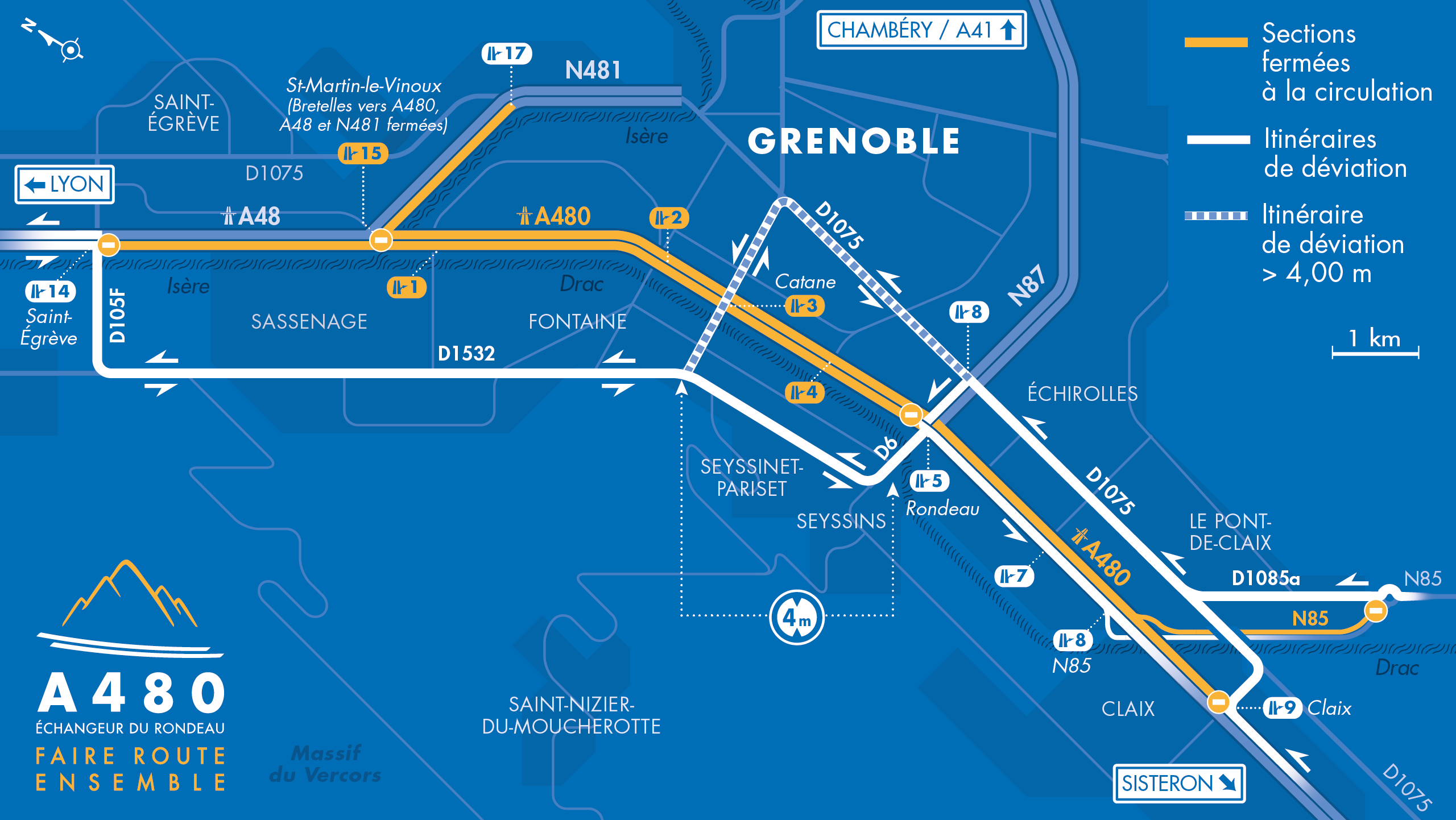 Carte de déviation sur l'autoroute A480 entre le diffuseur de Saint-Egrève et le diffuseur de Claix