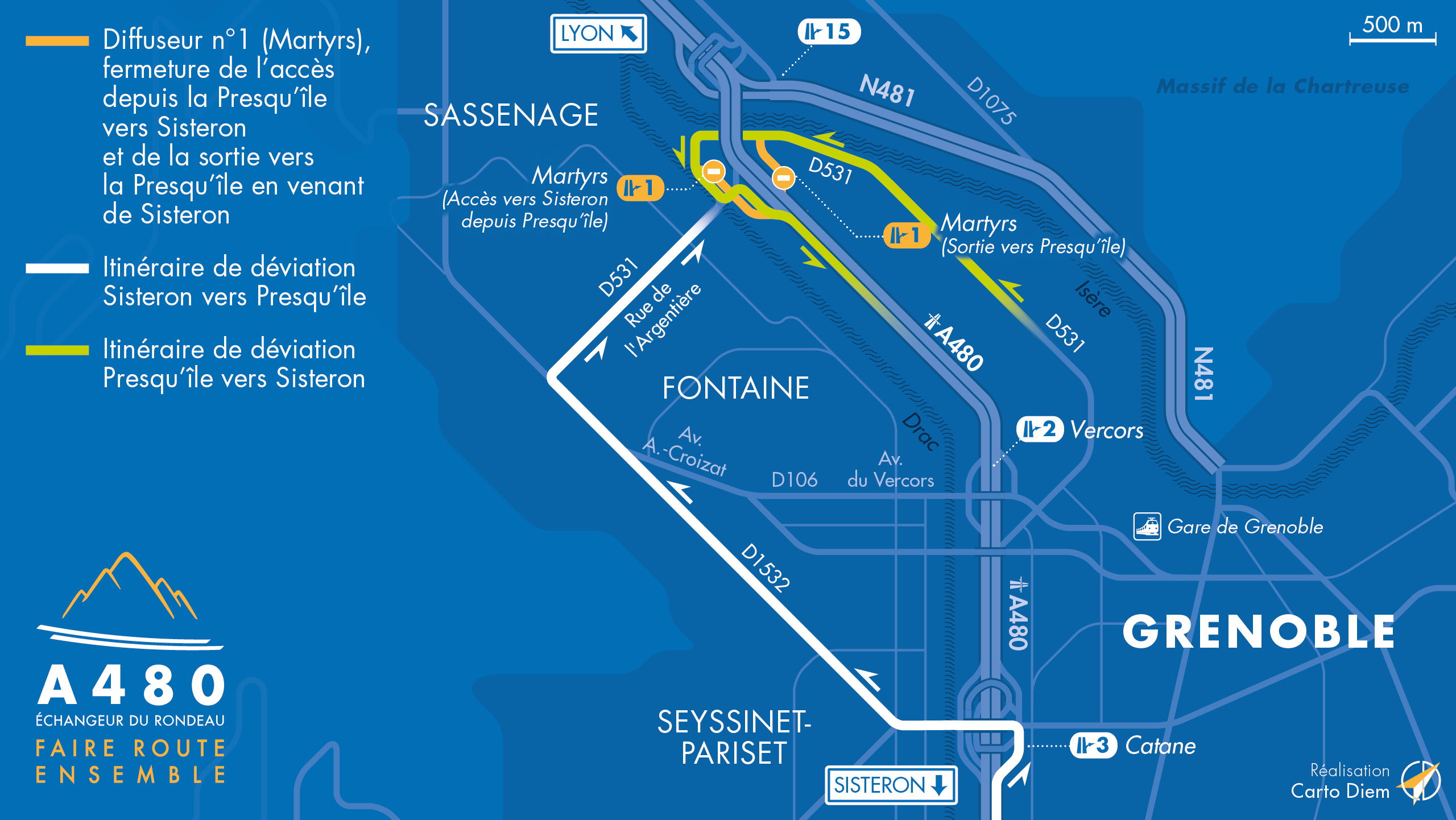 Carte de déviations mise à jour suite à la fermetures de bretelles sur le secteur de martyrs à Grenoble