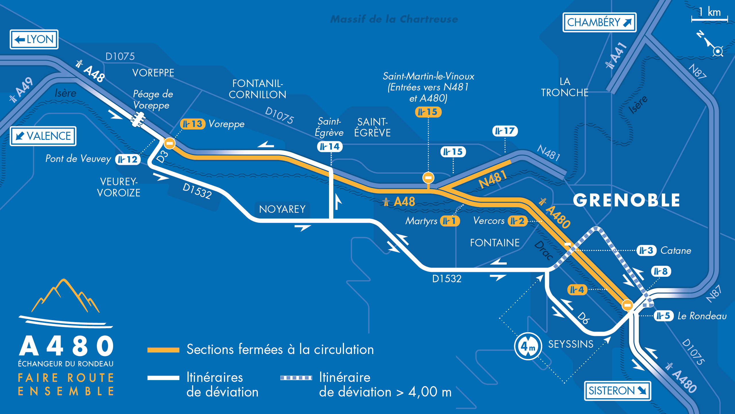Carte de déviation suite à la fermeture du diffeur de Voreppe, du Rondeau, du pont d'Oxford et de la bifurcation A48/N481