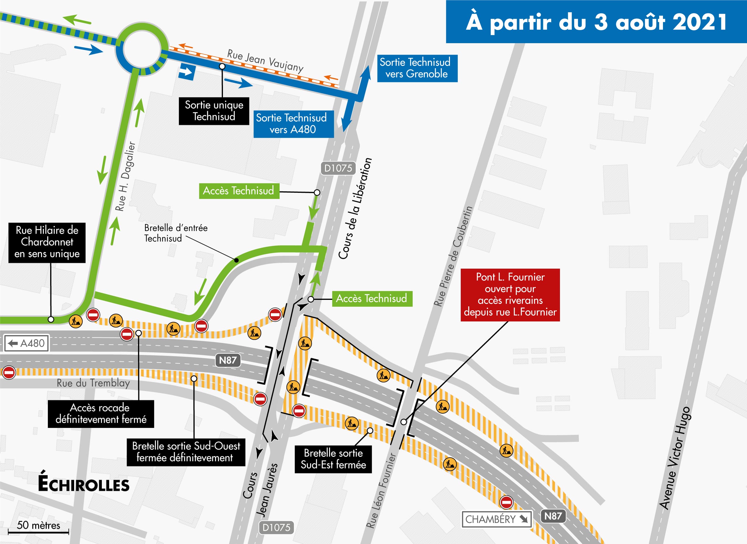 Carte des déviations suite à la fermeture définitive des bretelles ouest du diffuseur de la libération