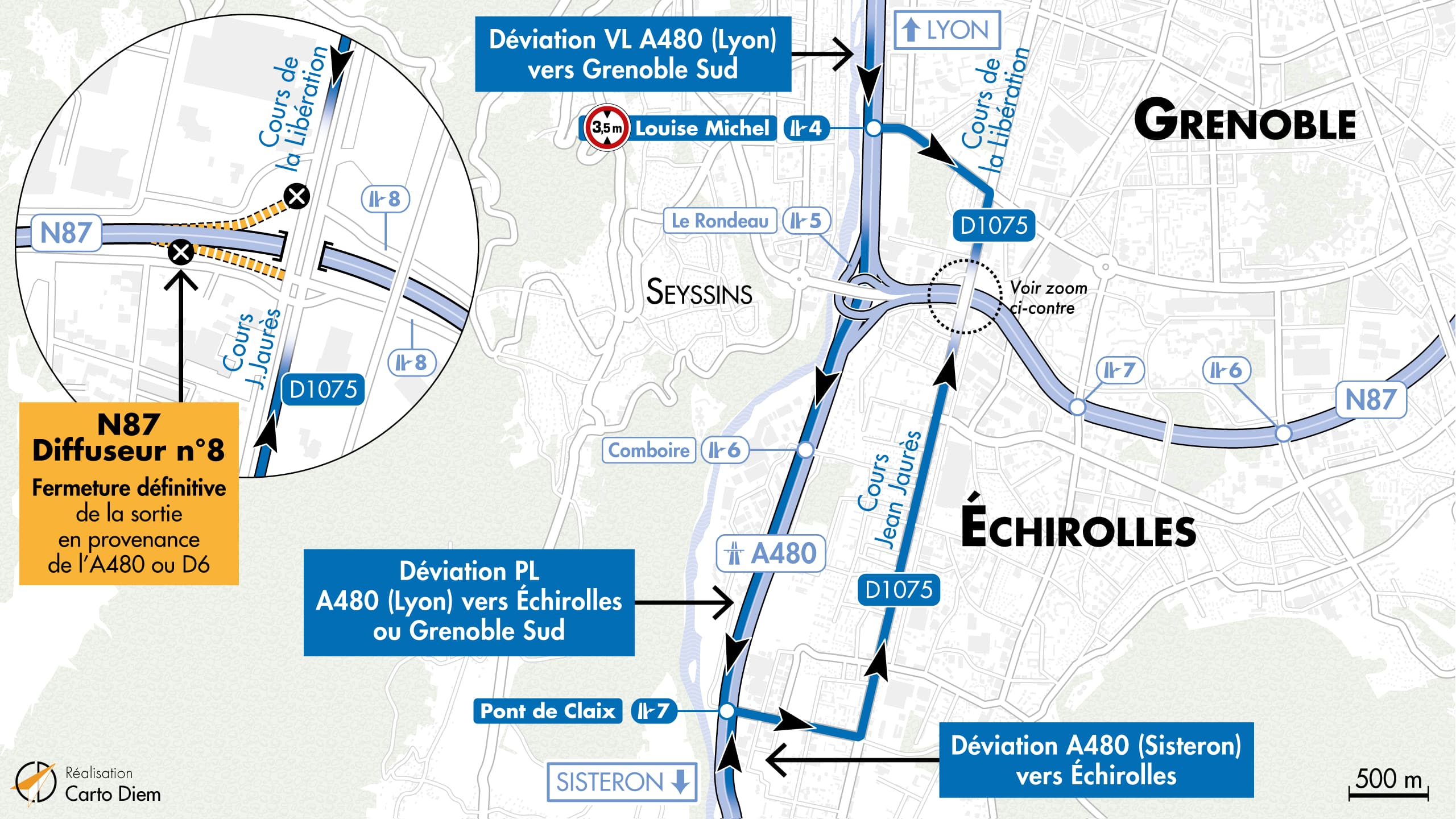 Carte des déviations suite à la fermeture définitive des bretelles ouest du diffuseur de la libération