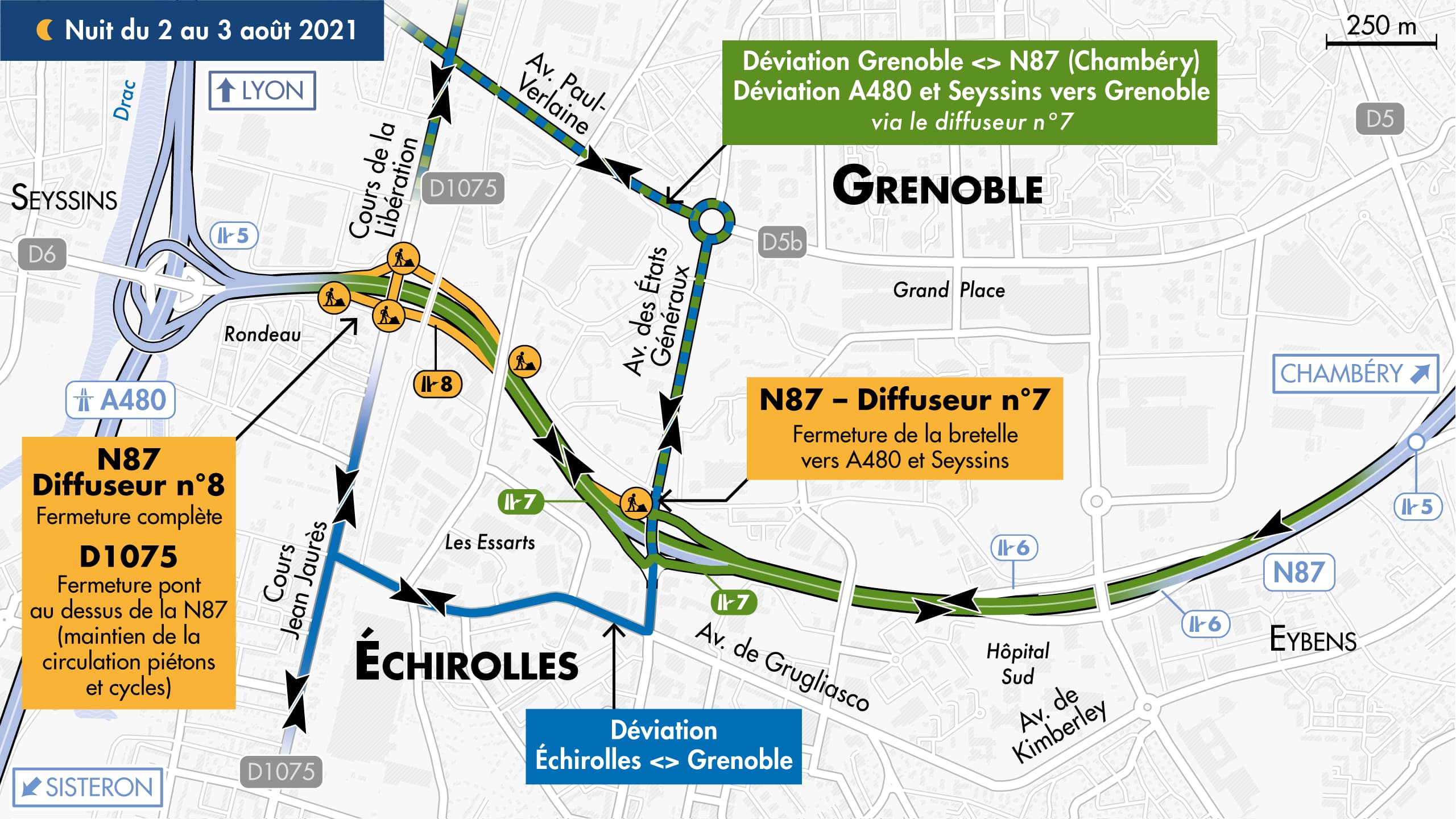 Carte des déviations de nuit suite à la fermeture définitive des bretelles ouest du diffuseur de la libération