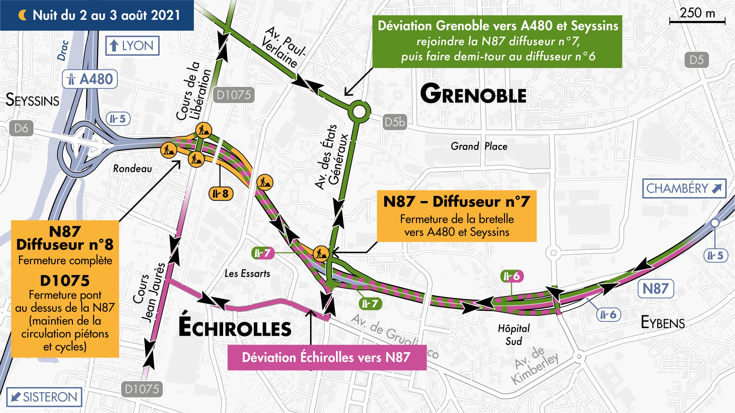 Carte des déviations de nuit suite à la fermeture définitive des bretelles ouest du diffuseur de la libération