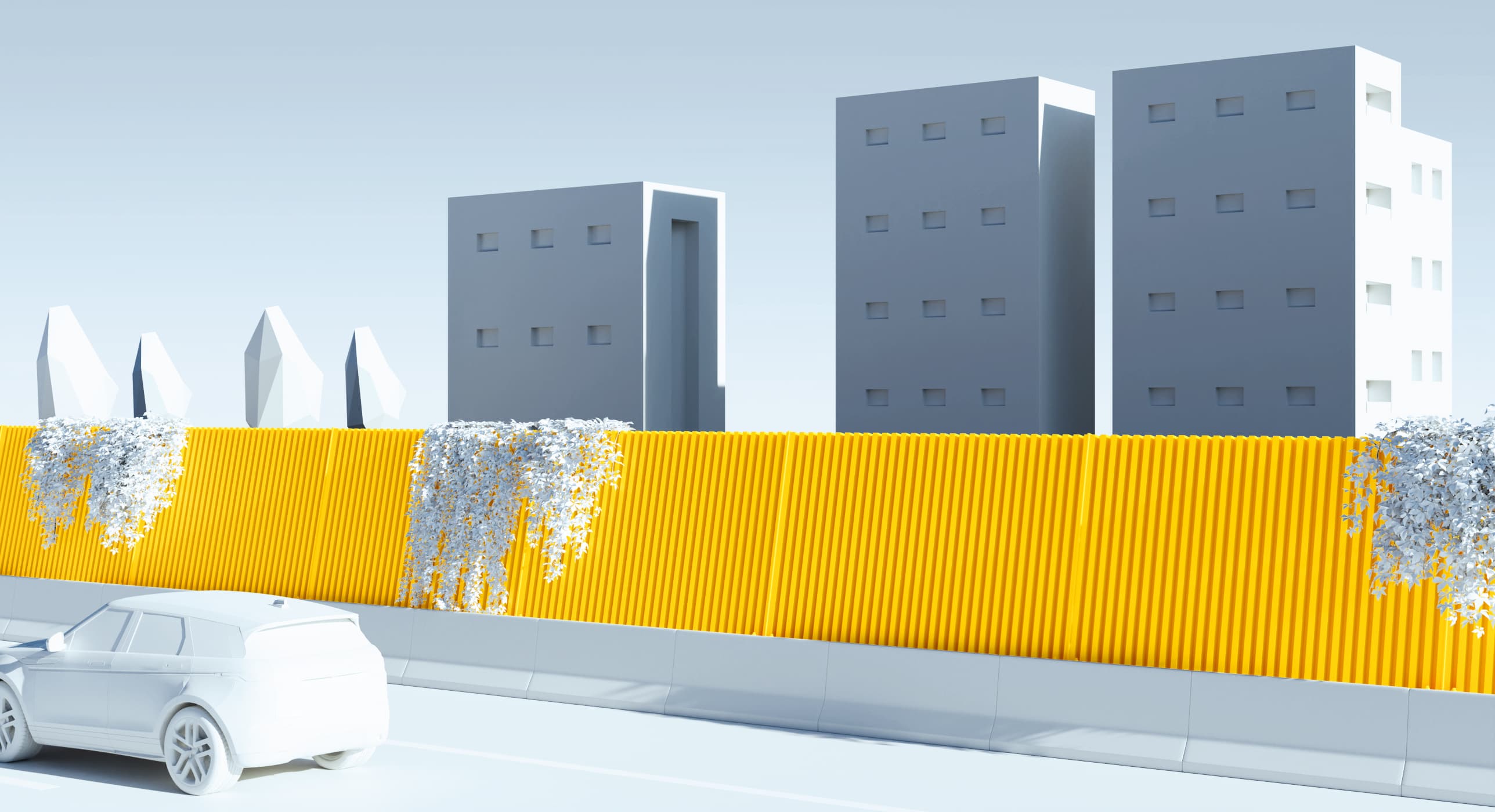 Illustration 3D : écran acoustique en béton/bois