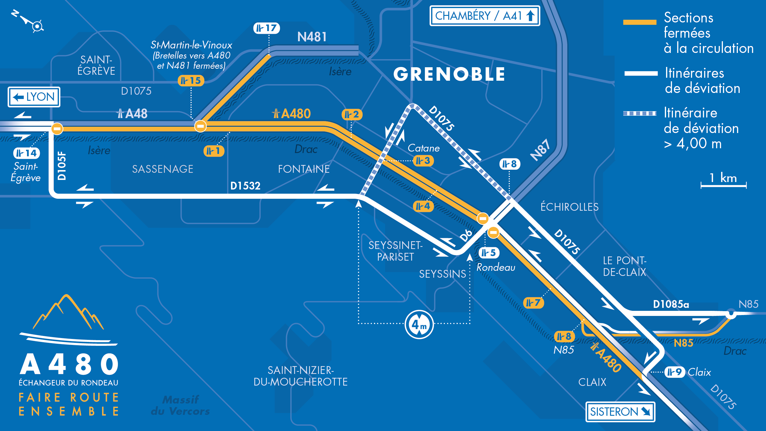 Carte de déviation suit à la fermeture de bretelles sur lcertains diffuseurs de l'autoroute A480